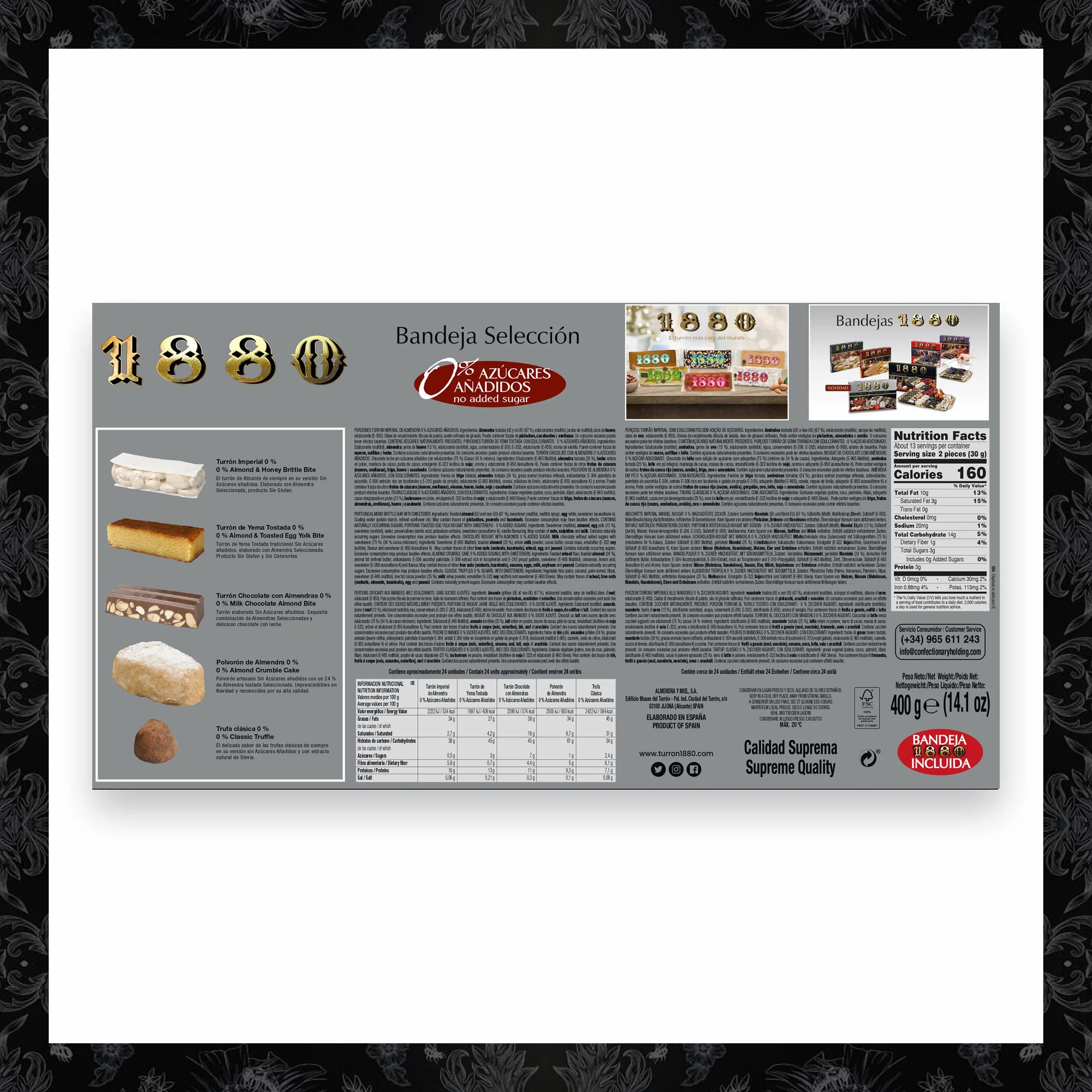 1880 - Bandeja Selección 0% Azúcares Añadidos, Caja, El Turrón más Caro del Mundo, Selección Navidad Calidad Suprema, Típico Dulce Navideño, Receta Artesanal, Listo para Servir, 400g