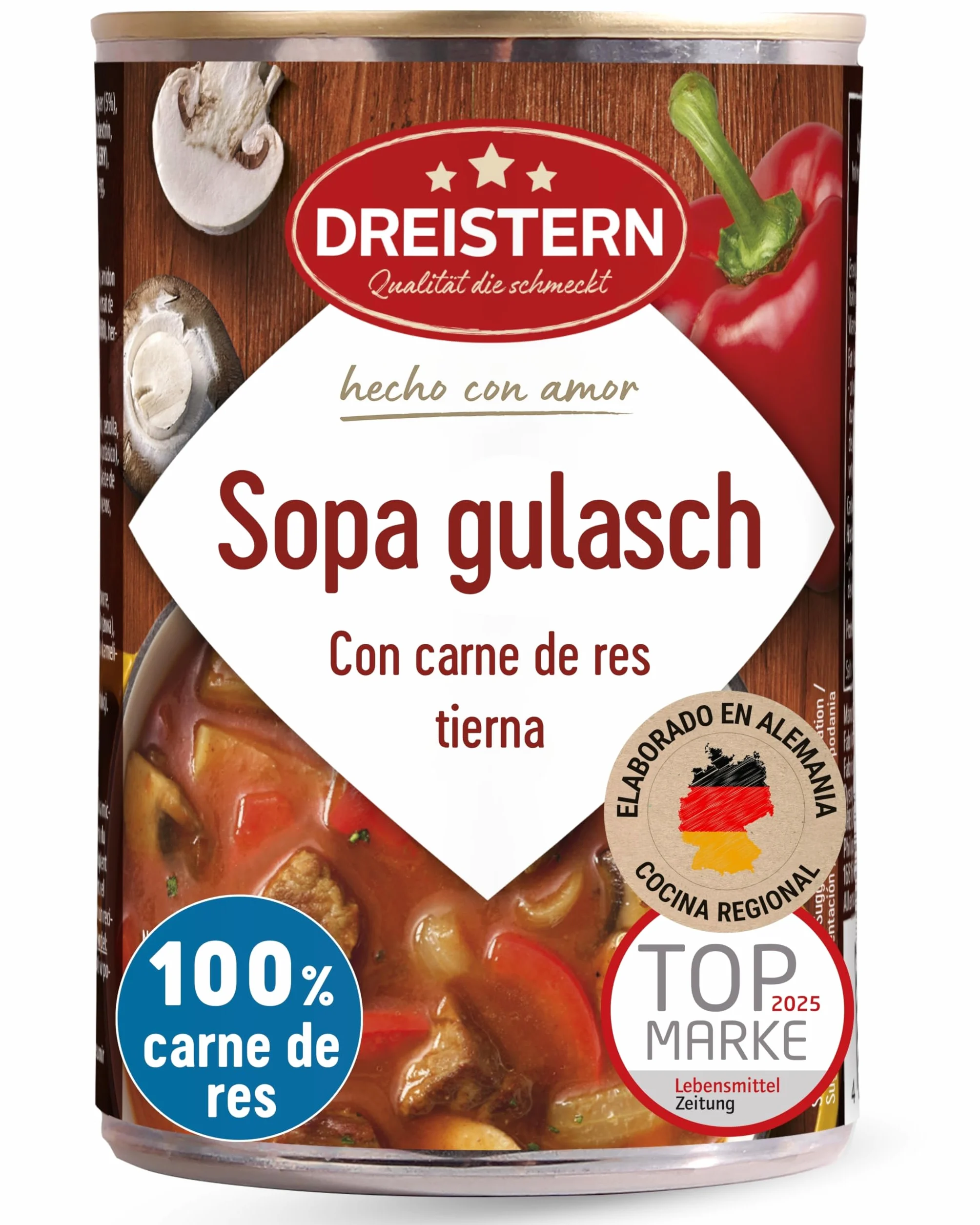 DREISTERN Sopa de Gulash Picante 400 g I Con carne de res tierna & verduras I Guiso picante en lata reciclable I Larga duración gracias a la conservación natural I Calidad casera