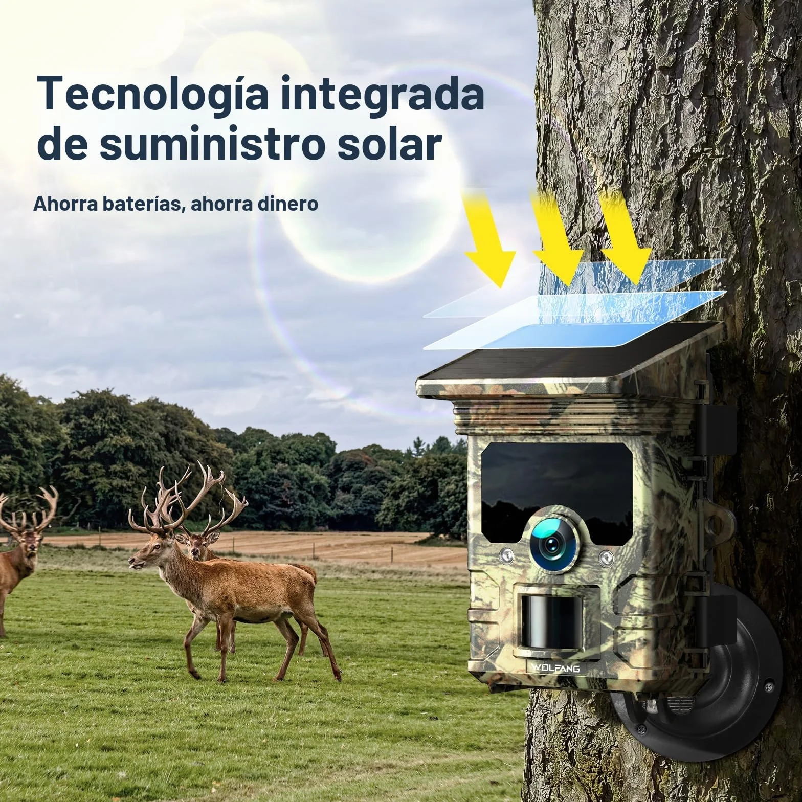 WOLFANG Cámara de Caza Solar 4K 30fps 68MP WiFi Bluetooth Visión Nocturna IP66 Impermeable 5200mAh