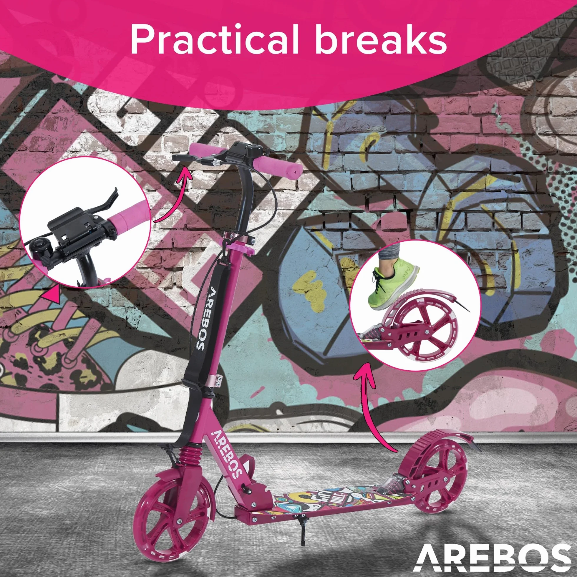 Arebos City Scooter Plegable Regulable en Altura con Ruedas LED y Freno de Mano