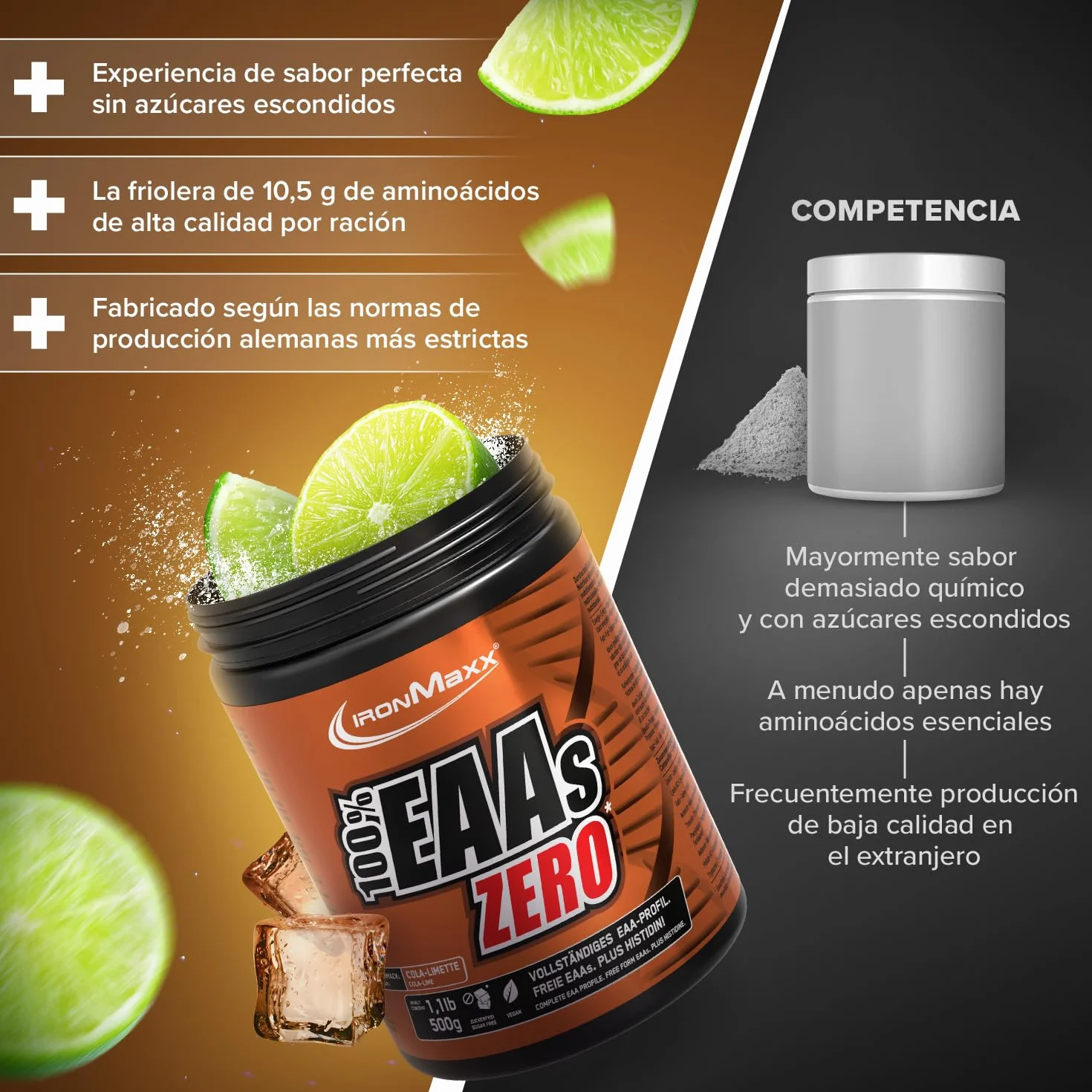 IronMaxx 100% EAAs Cero - Cola Lima bote de 500g | polvo de EAA, vegano y sin azúcares con todos los 8 aminoácidos esenciales | sabor afrutado, sin conservantes