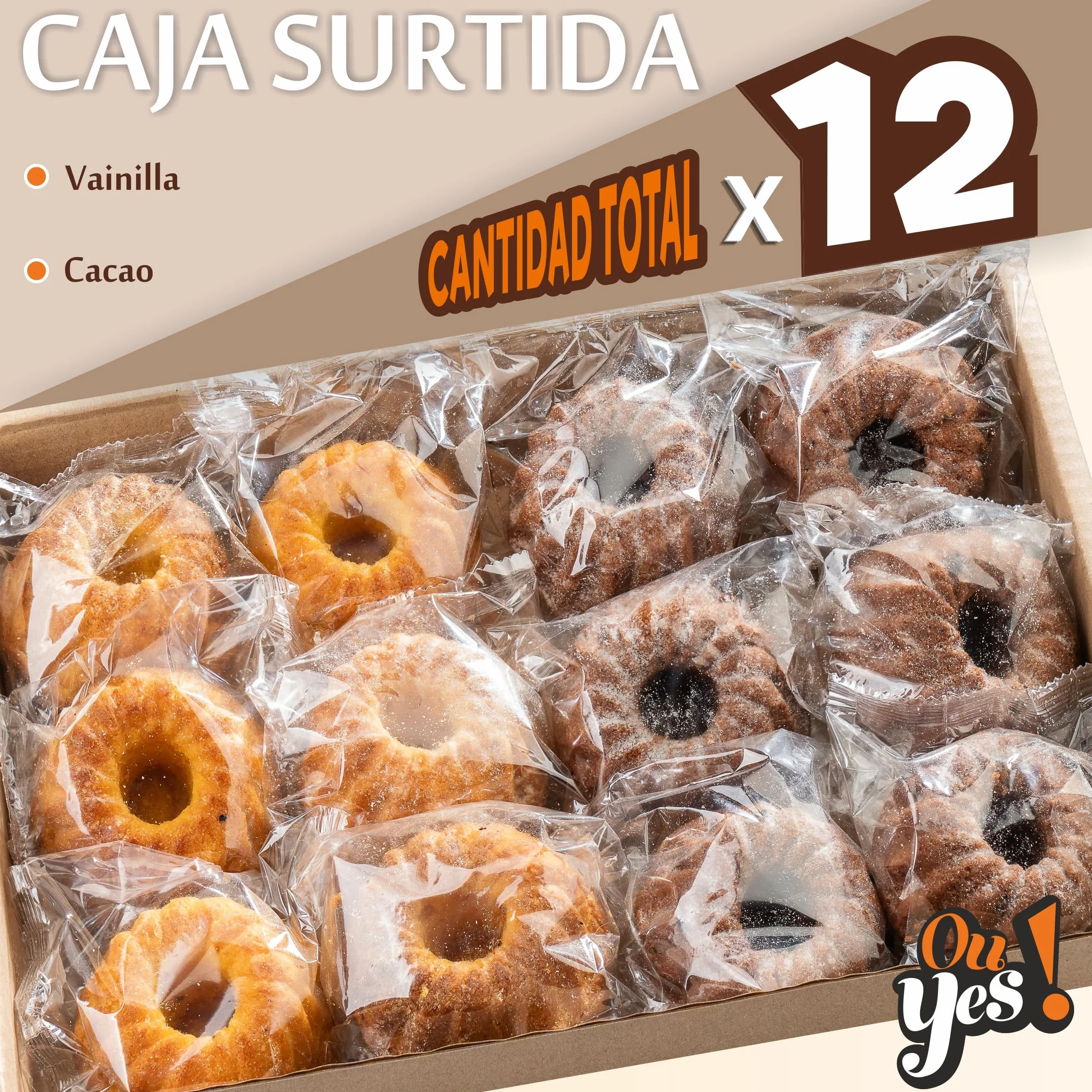 Ou Yes! 12 uds. x 51 g - magdalenas mixtas de 2 variedades - vainilla y cacao - envueltas en envoltorio individual y en paquetes listos para llevar (peso neto 612 g)