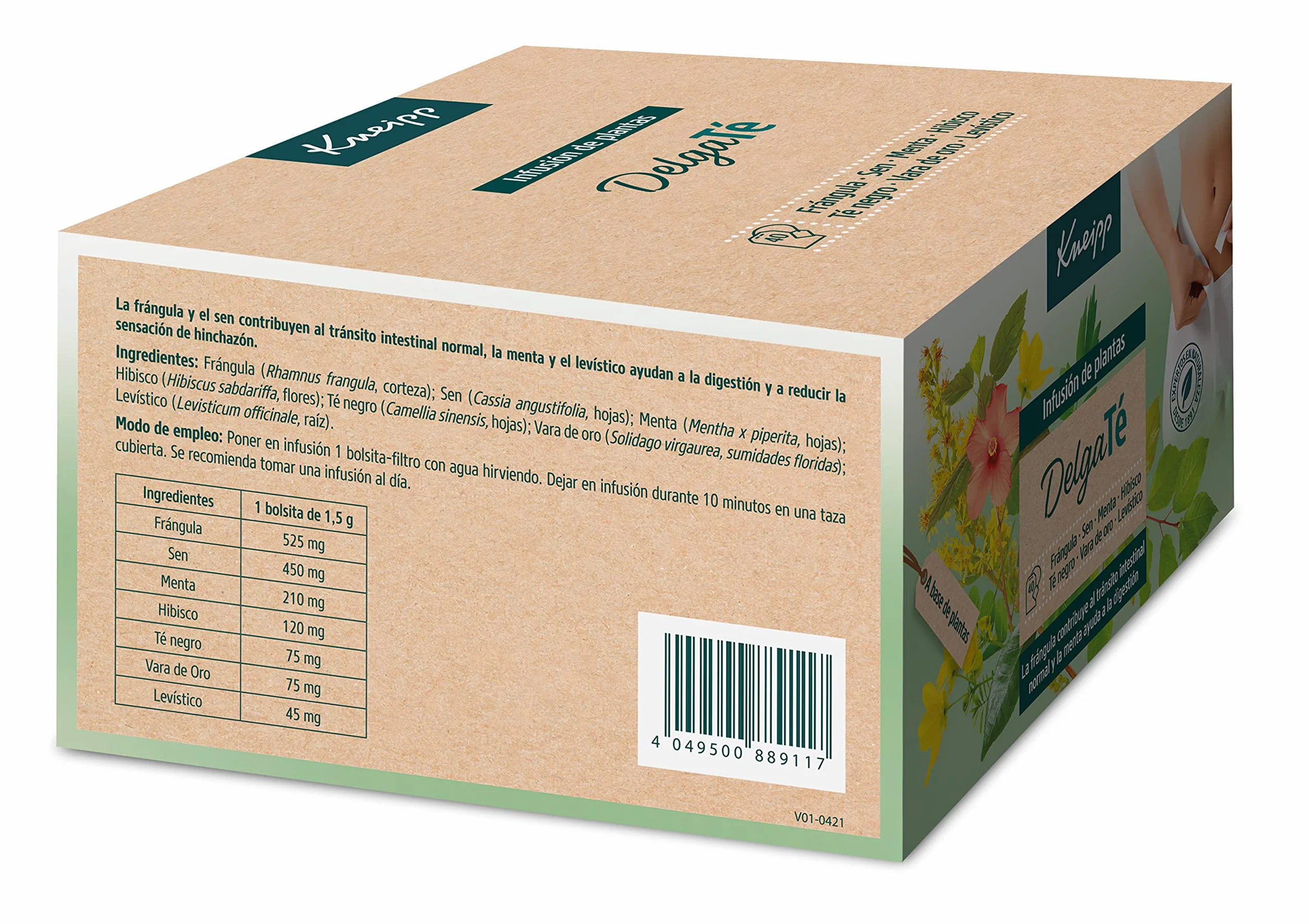 Kneipp DelgaTé, Infusión de Hierbas, Laxante Natural para Retención de Líquidos y Estreñimiento, con Manzanilla, Frángula, Menta, Sen, Hibiscus, Solidago y Levístico, 40 Bolsitas