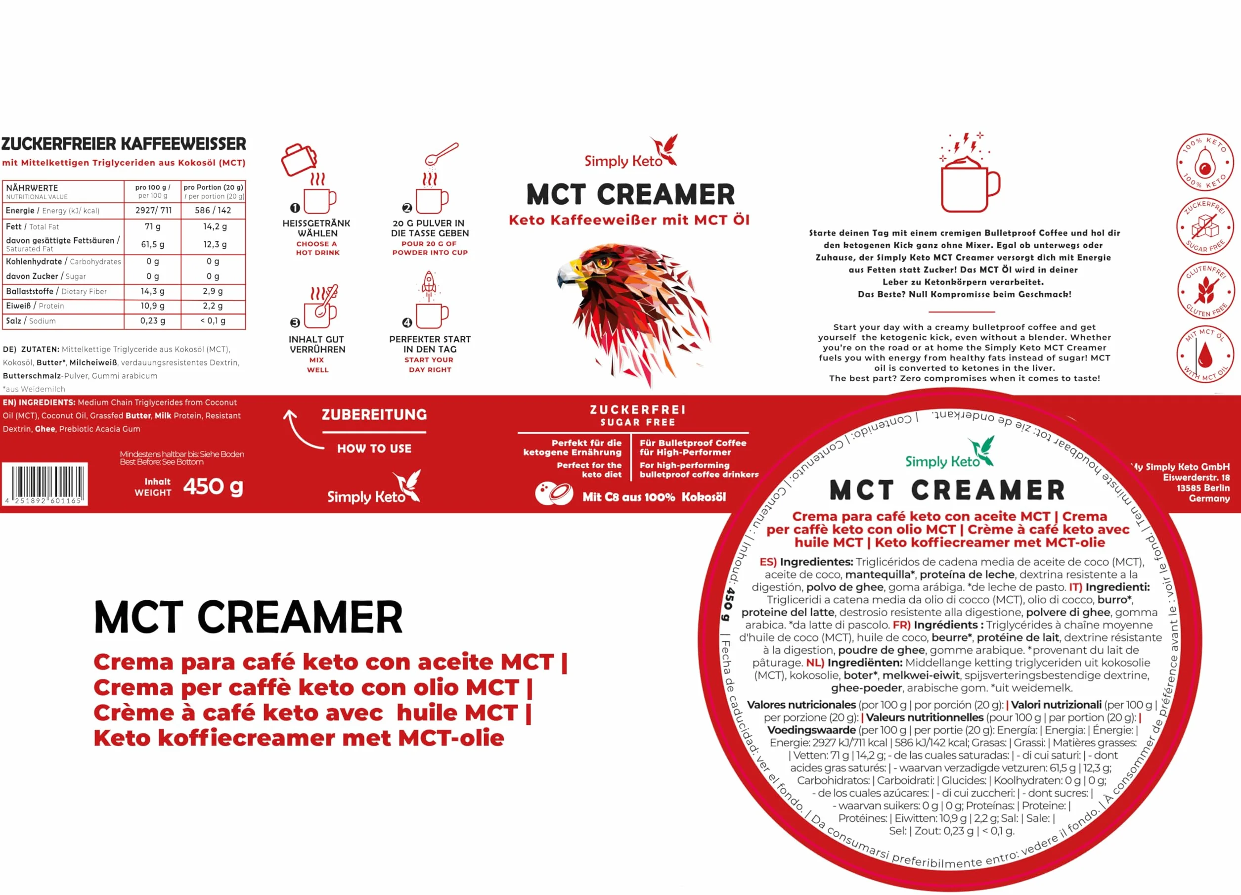 Simply Keto Tarro de crema MCT 450g - Crema cetogénica sin azúcar para el café a prueba de balas - Con aceite MCT, aceite de coco y mantequilla de pasto - Optimizado para el rendimiento