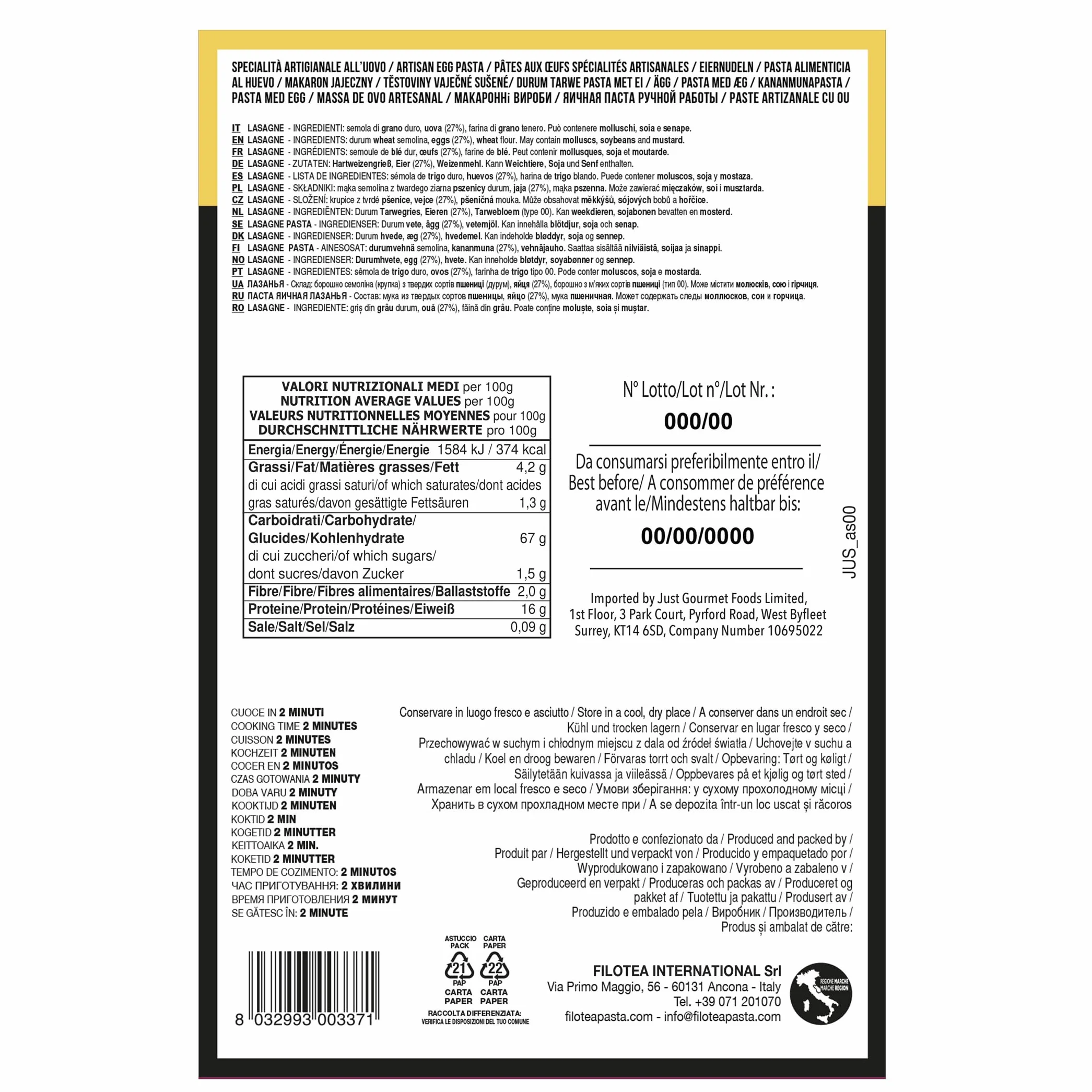 Lasaña 250 g Filotea