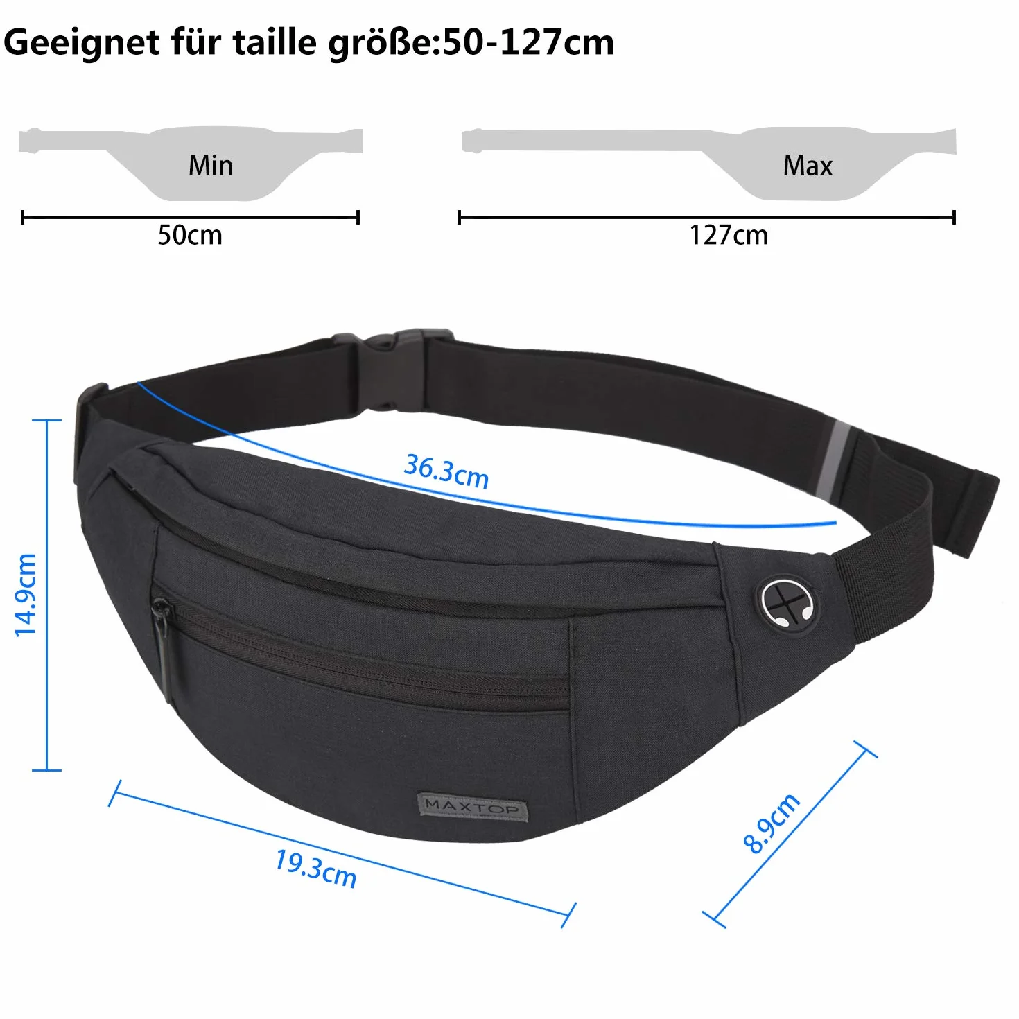 MAXTOP Riñonera con Conector para Auriculares, 4 Bolsillos Cremallera, Cinturón Ajustable para Correr, Senderismo