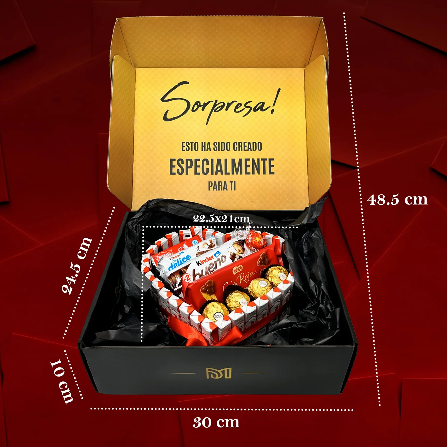Corazón Sorpresa Regalo Dia del Padre con +40 Bombones y Chocolates – Ferrero Rocher, Lindt Lindor, Caja Roja, Kinder – Tarjeta Personalizada y Presentación Especial
