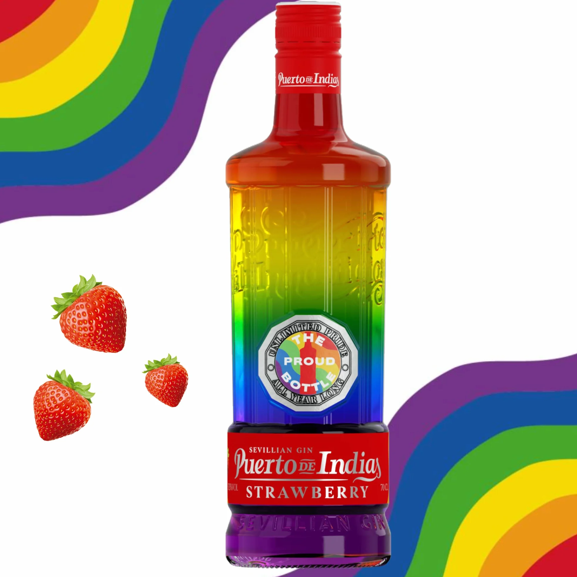Puerto de Indias – Edicion ilimitada LGTBIQ+ Orgullo Todo el Año – Ginebra de Fresa Premium – Strawberry Premium Gin – 70 cl – 37.5º