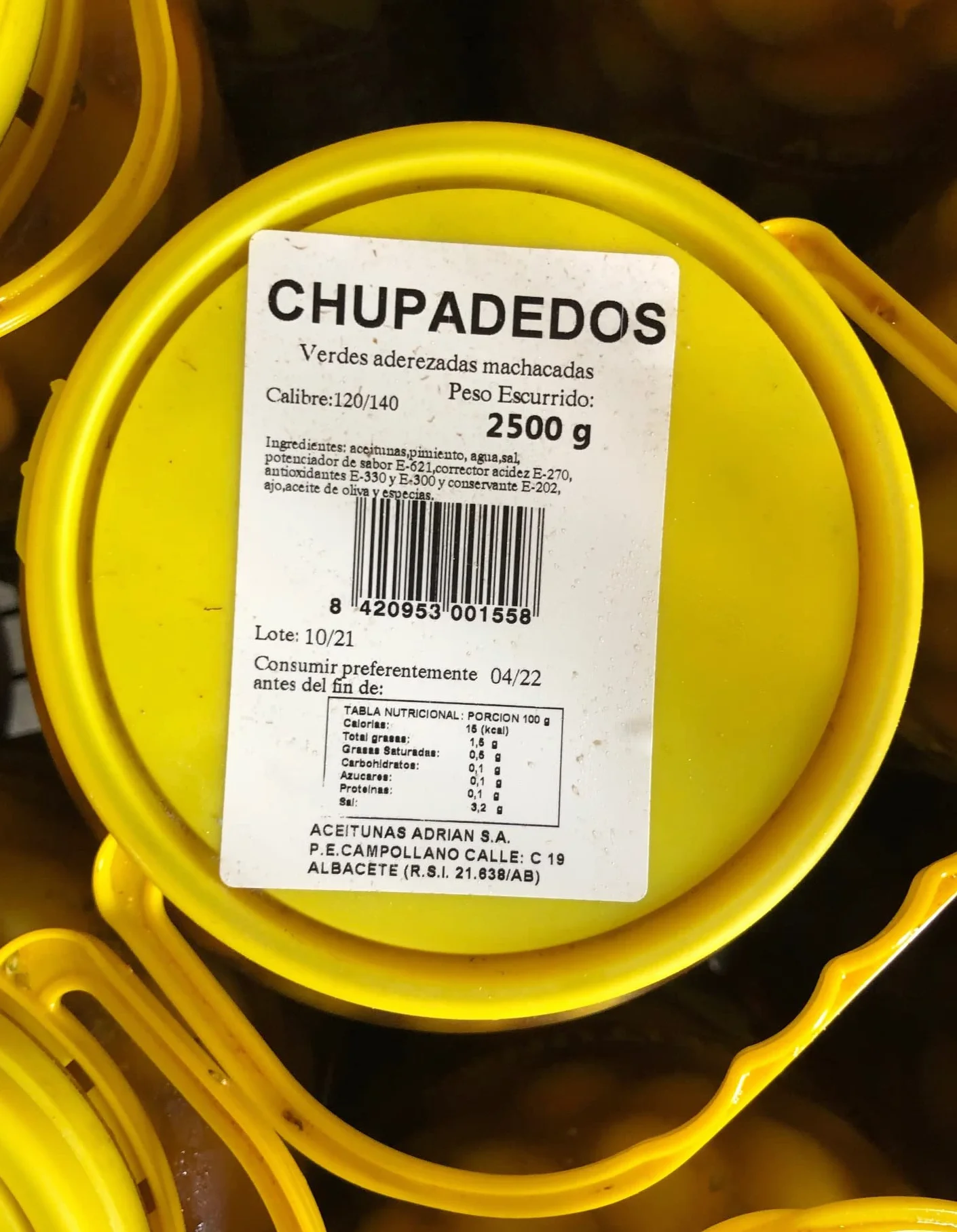Aceitunas Chupadedos Verdes Aderezadas y Machacadas 4500 ml