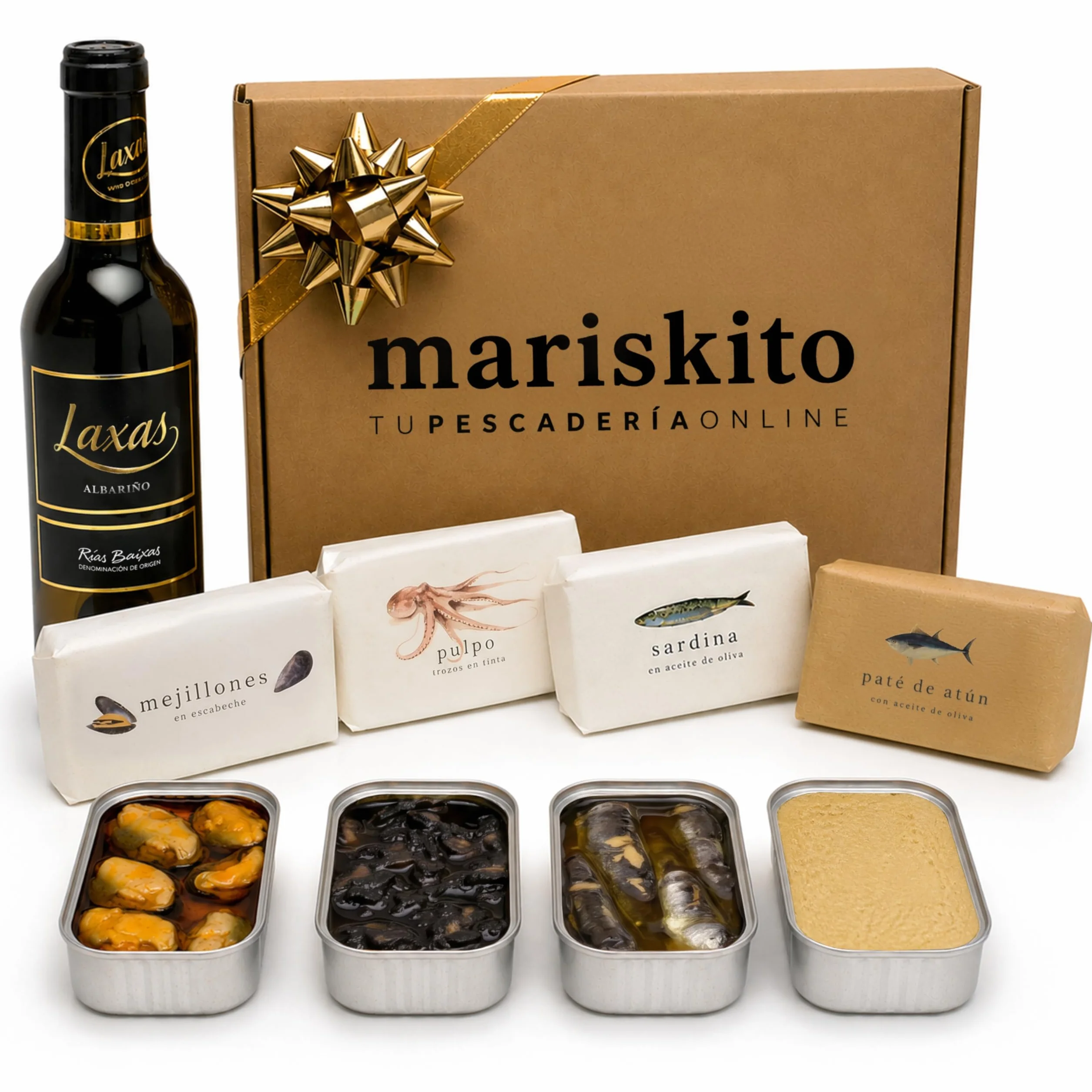 Caja Regalo Gourmet con Albariño Laxas y Conservas Gallegas – Mejillones, Sardinas, Pulpo en Tinta, Paté de Atún – Pack Aperitivo Navidad