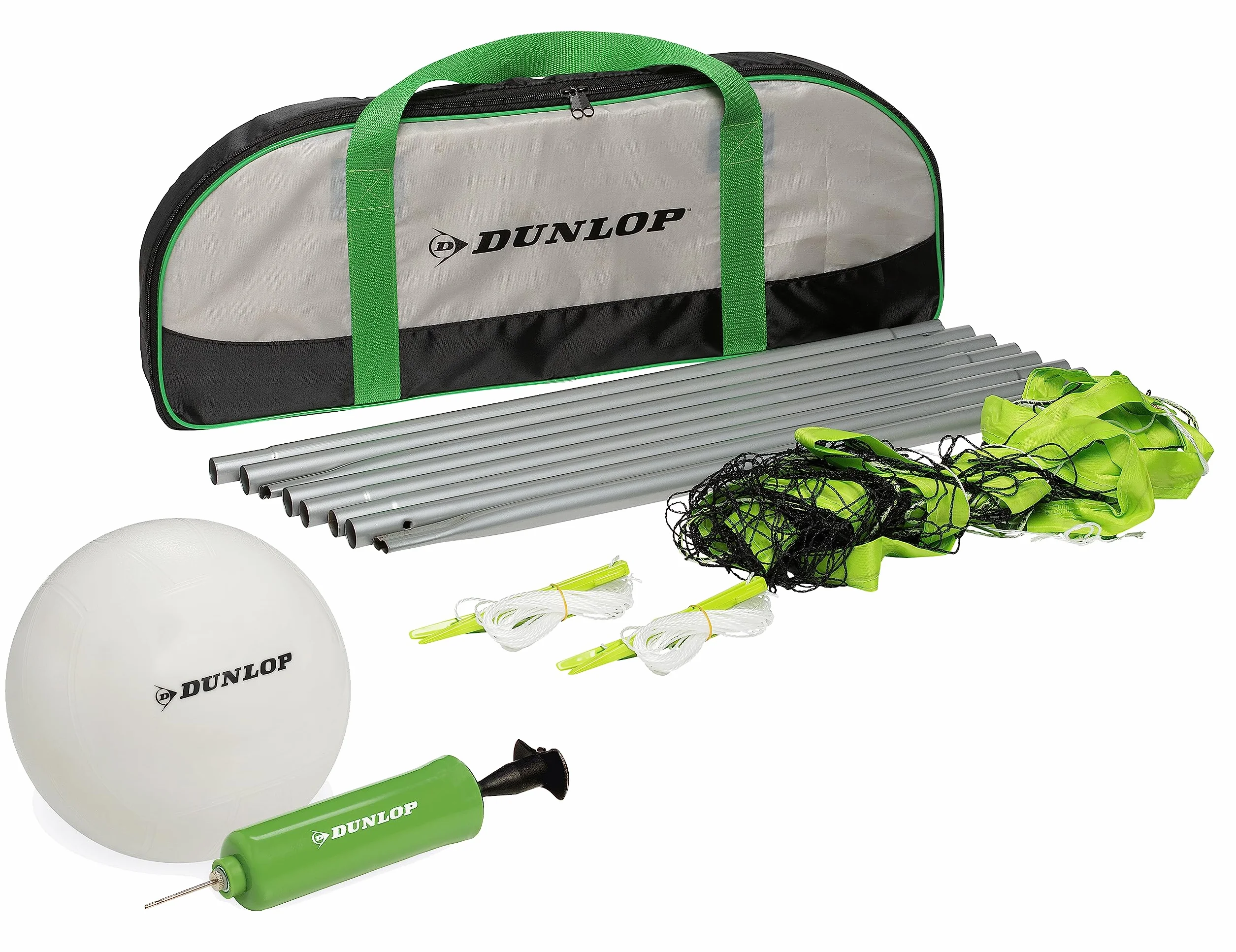 DUNLOP Set de Voleibol 609x220 cm Red Piquetas Pelota Bomba Bolsa Transporte Verde/Negro/Blanco