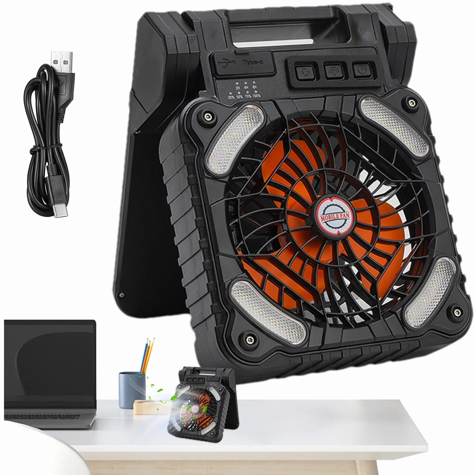 Ventilador Solar Portátil LED con 4 Velocidades y 3 Brillos, Batería de 100, para Acampar
