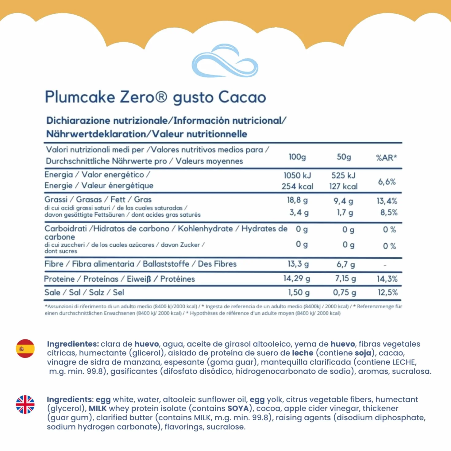 Nuvola Zero - Plumcake Zero Sabor Cacao Sin Carbohidratos, Snacks Sin Lactosa, Sin Azúcar, Sin Gluten, Rico en Fibra, Pack de 12 uds, Made in Italy