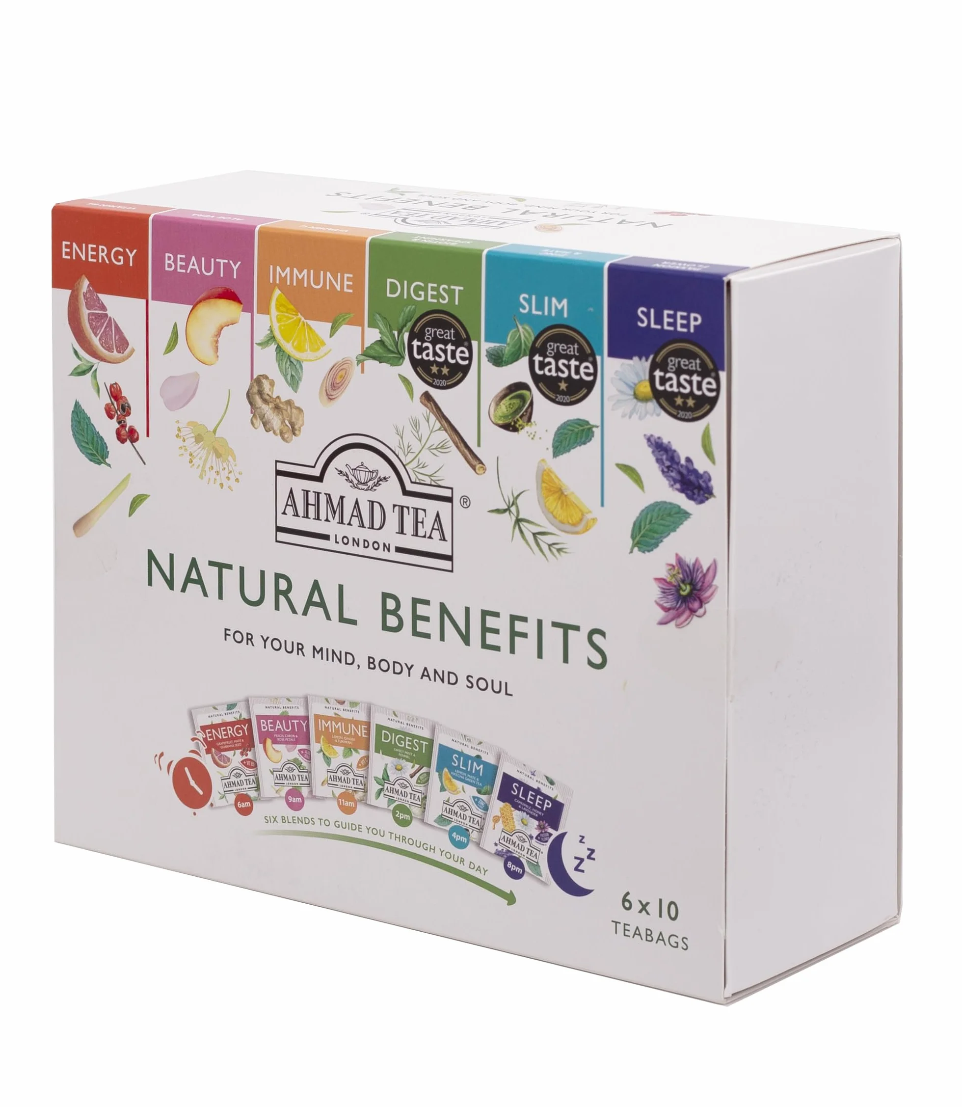 Ahmad Tea Paquete de selección de té funcional Natural Benefit | infusiones de té verde, frutas y hierbas, regalo perfecto para té de hierbas, 60 bolsitas de té | 6 mezclas