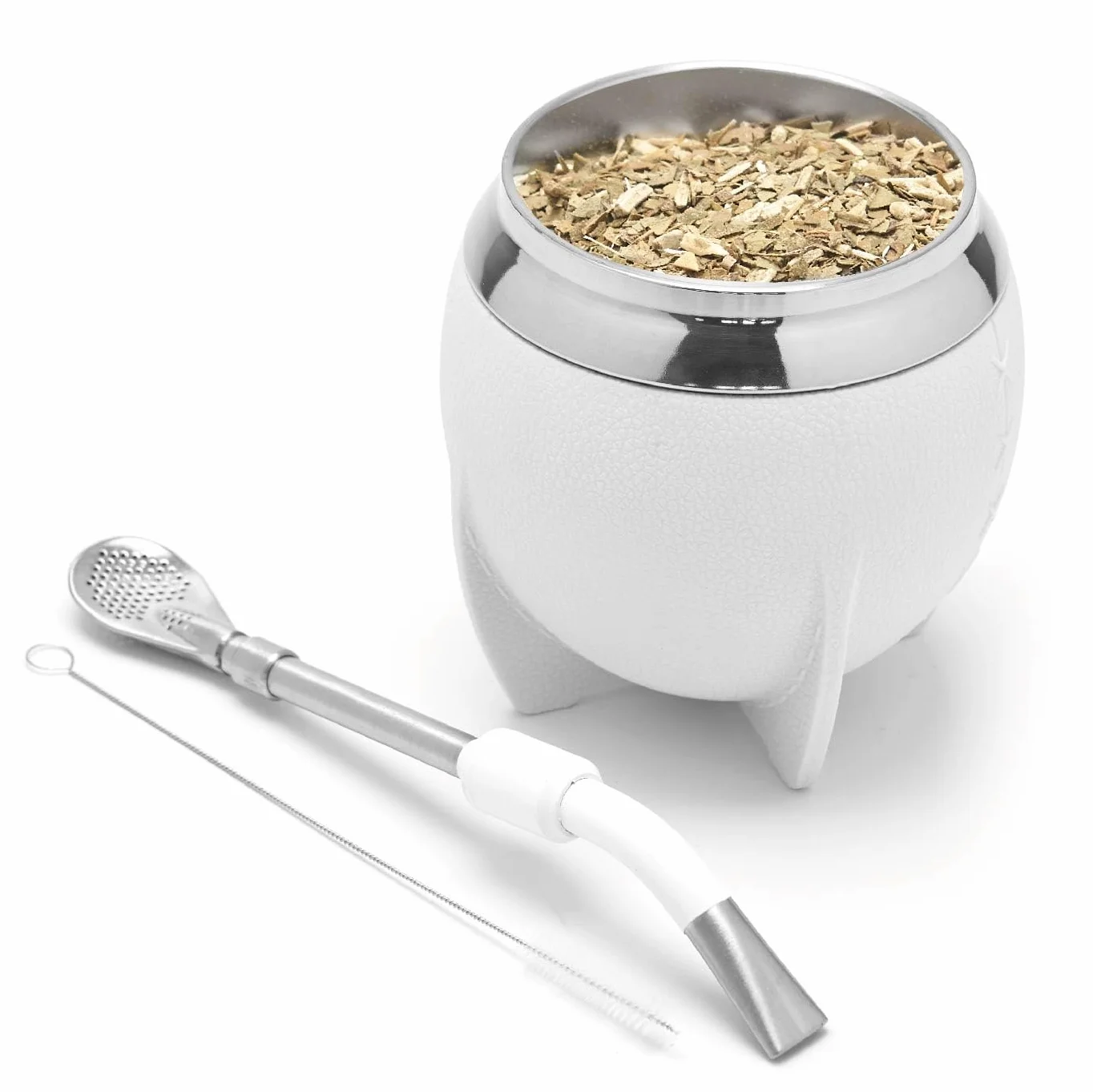 balibetov Mate Argentino - Set elegante y duradero con un Mate Torpedo de Acero Inoxidable, Bombilla y Cepillo de Limpieza (Blanco)