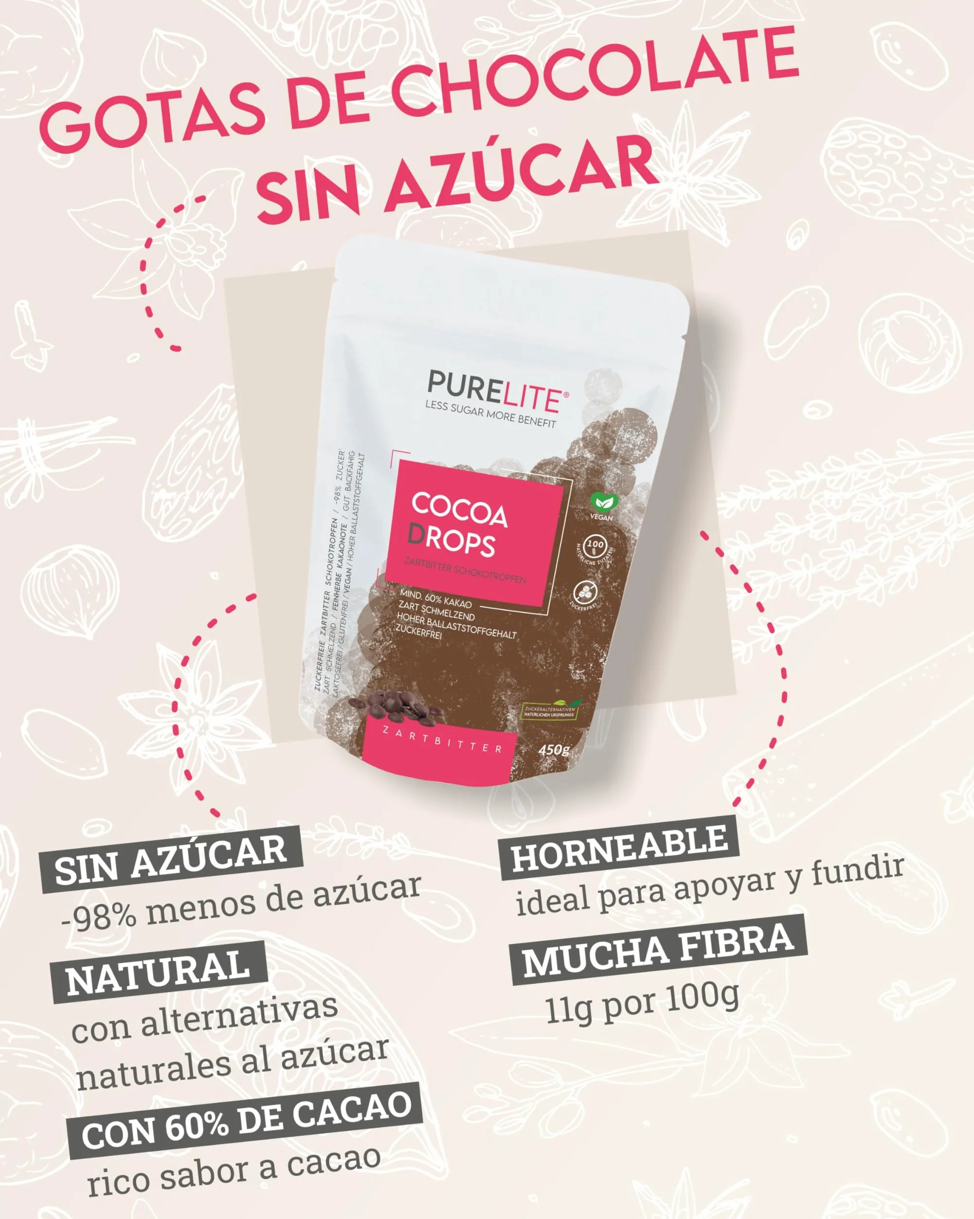 PURELITE Cocoa Drops Mix Bundle – Gotas de chocolate con leche, negro y blanco sin azúcares añadidos, con eritritol y estevia, 3 x 450 g