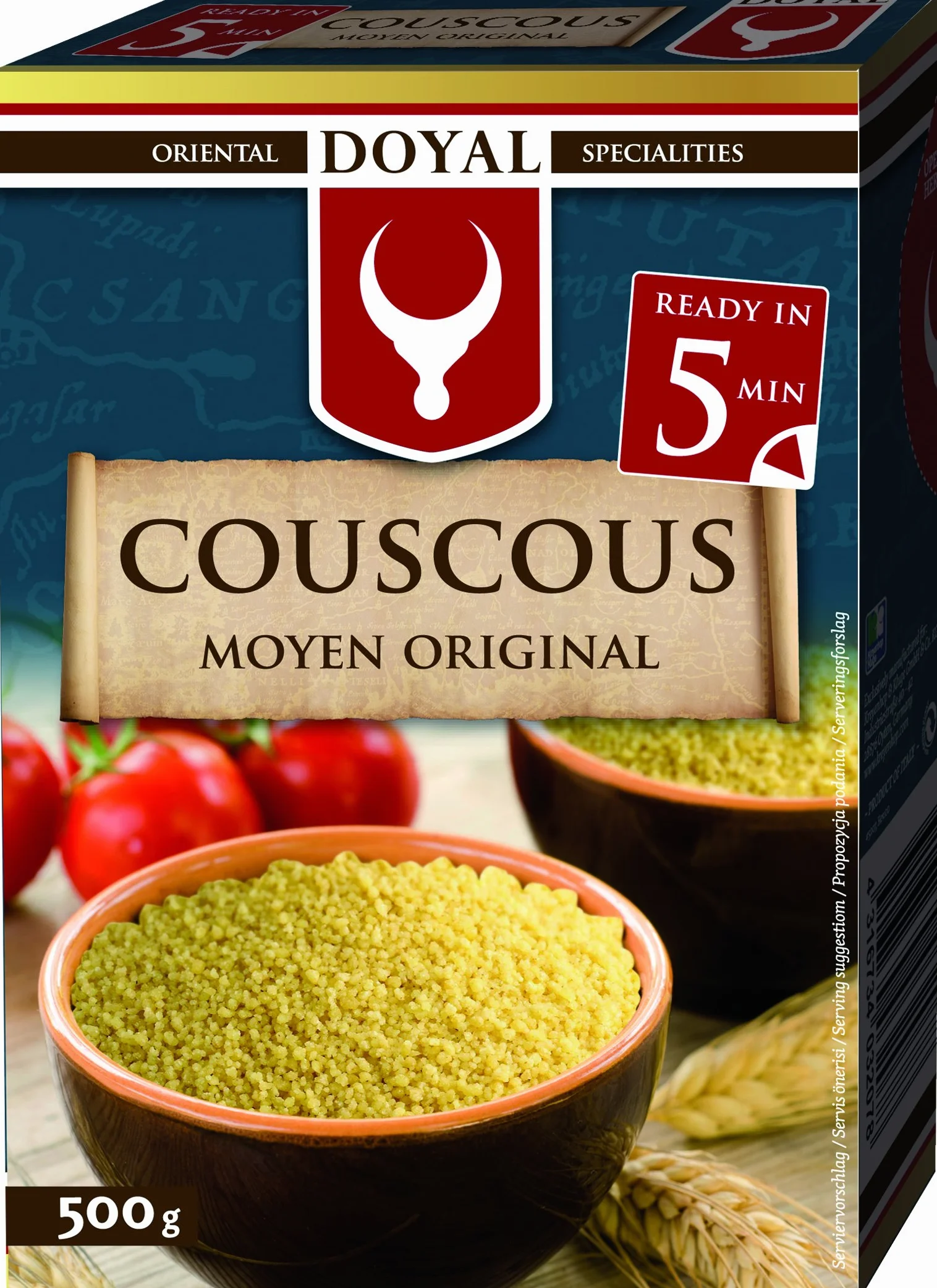 Cuscús grano medio 500 g en caja, preparación rápida 5 min, base versátil para ensaladas tipo tabulé, guarniciones y bowls, cocina árabe y mediterránea