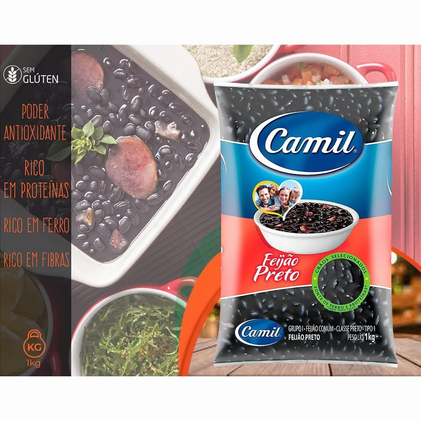 Camil Feijão Preto 1 kg con adhesivo Kajal | Frijoles negros de alta calidad de Brasil | Perfecto para platos tradicionales como feijoada y ensaladas, fibra, vegano y sin gluten