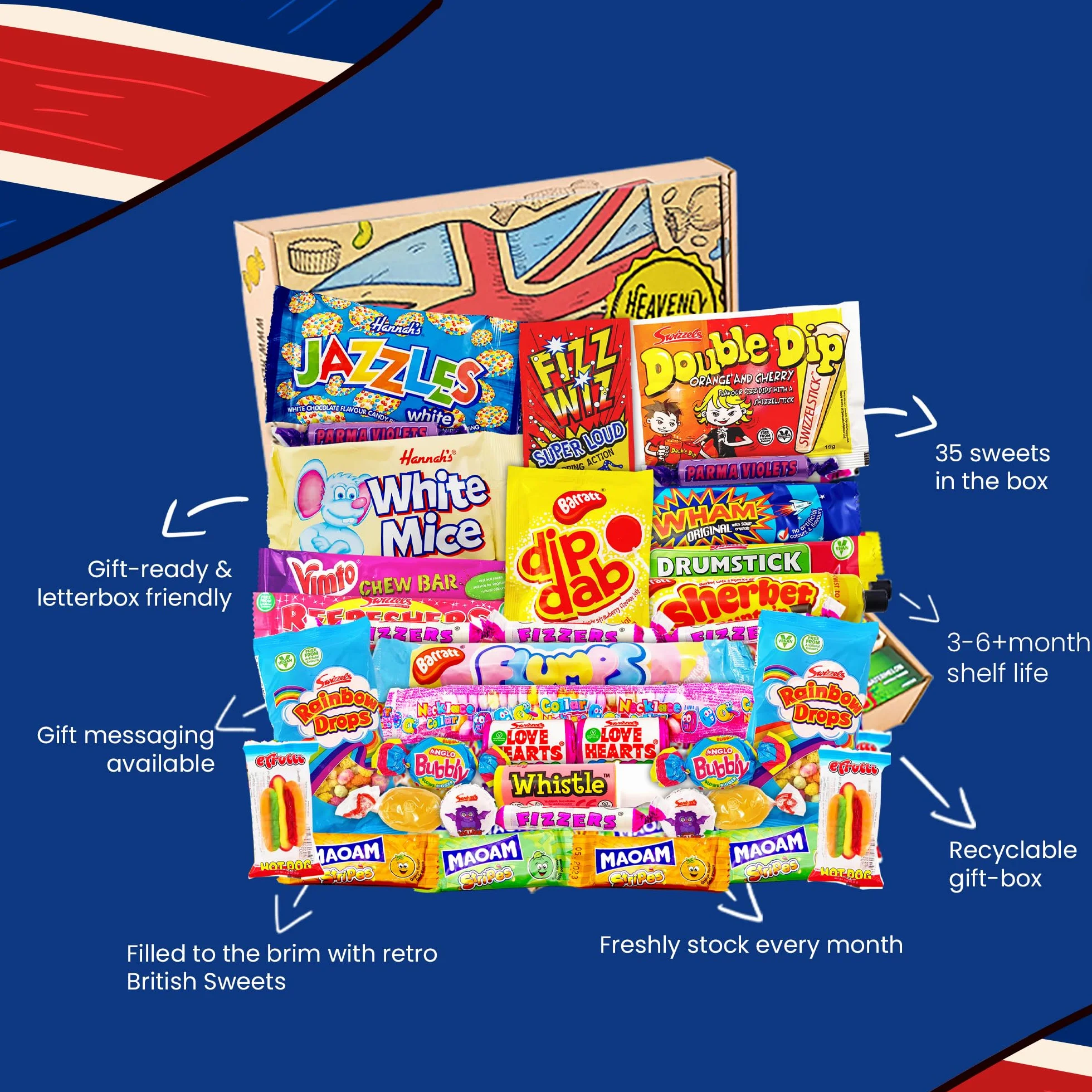Heavenly Sweets | Caja de Dulces | Surtido para Fiestas | Cesta de Mix para Fiestas | Dulces Ingleses Británicos Retro | Cumpleaños, aniversarios, Dia Del Padre, Semana Santa, Día de la Madre