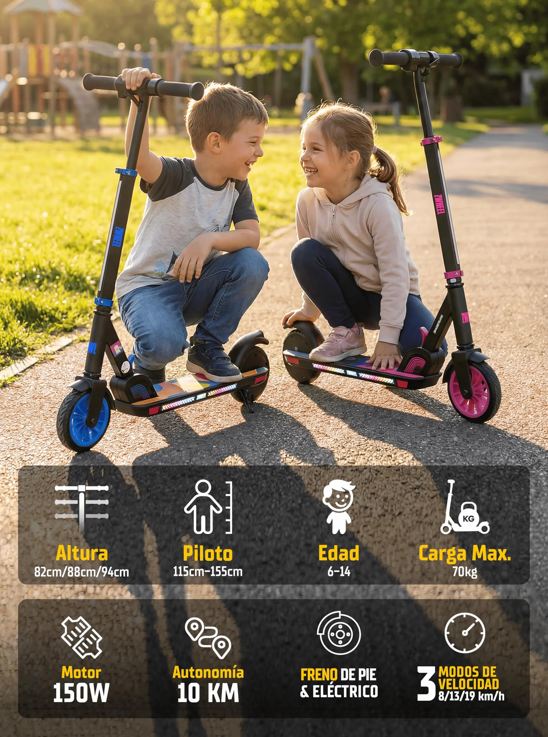 Patinete Eléctrico para Niños ZWHEEL ZTOY SUPERKID - Altura Ajustable 150W 19km/h 10km Autonomía Luces RGB Doble Freno Ruedas Antipinchazo