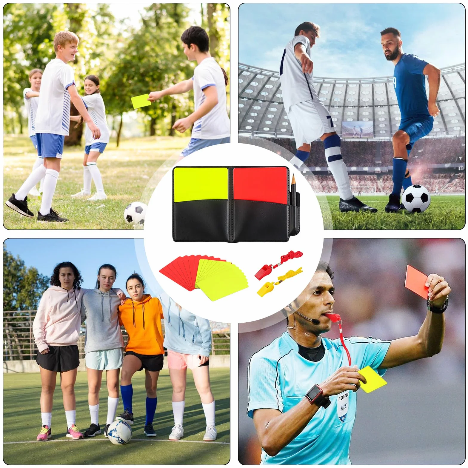 Kit de Tarjetas de Árbitro Fútbol, Juego con Silbato, Tarjetas Roja y Amarilla PVC