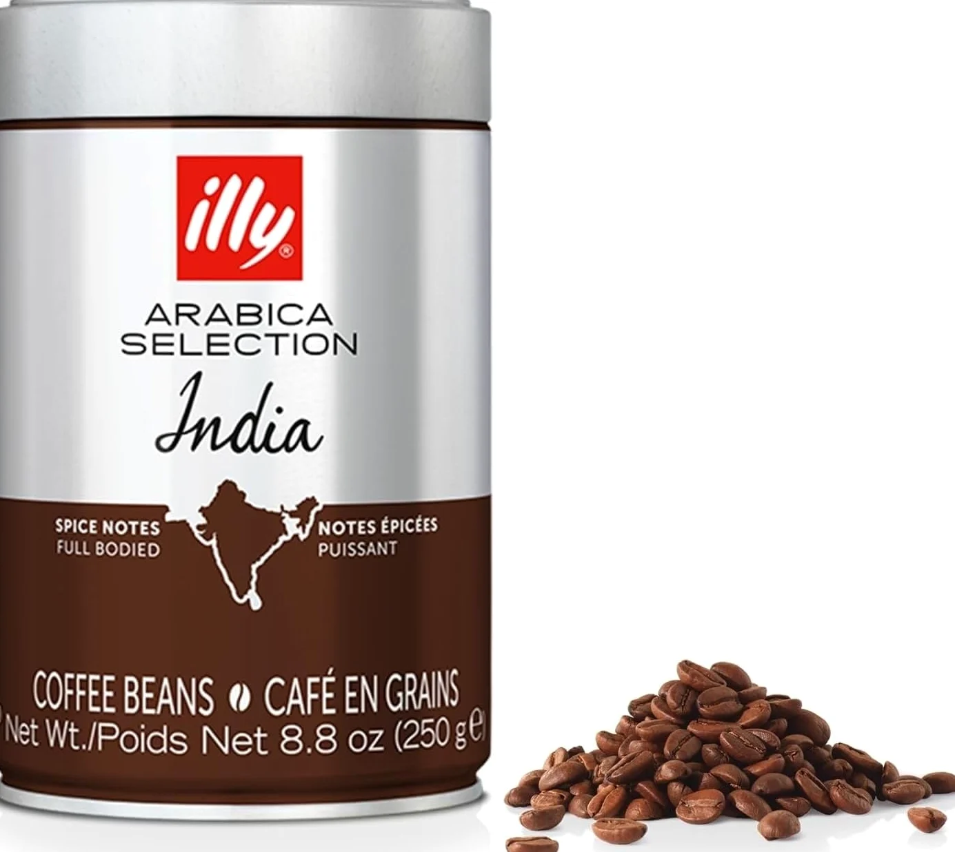 illy Coffee, Arabica Selection Whole Bean India, origen único, 100% café arábica, totalmente natural, sin conservantes, 250 g (paquete de 1)
