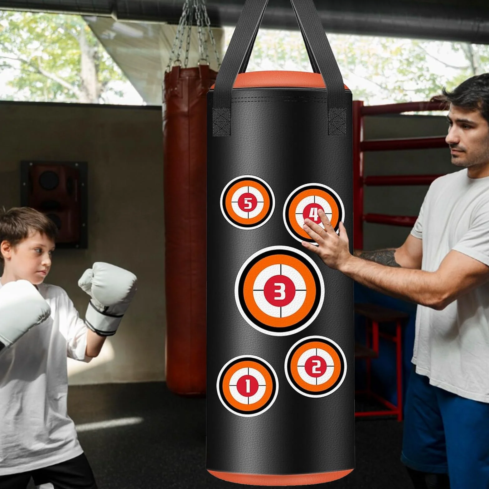 Saco de Boxeo Colgante para Niños 60cm Sin Relleno Piel de Microfibra con Guantes Cadenas Ganchos