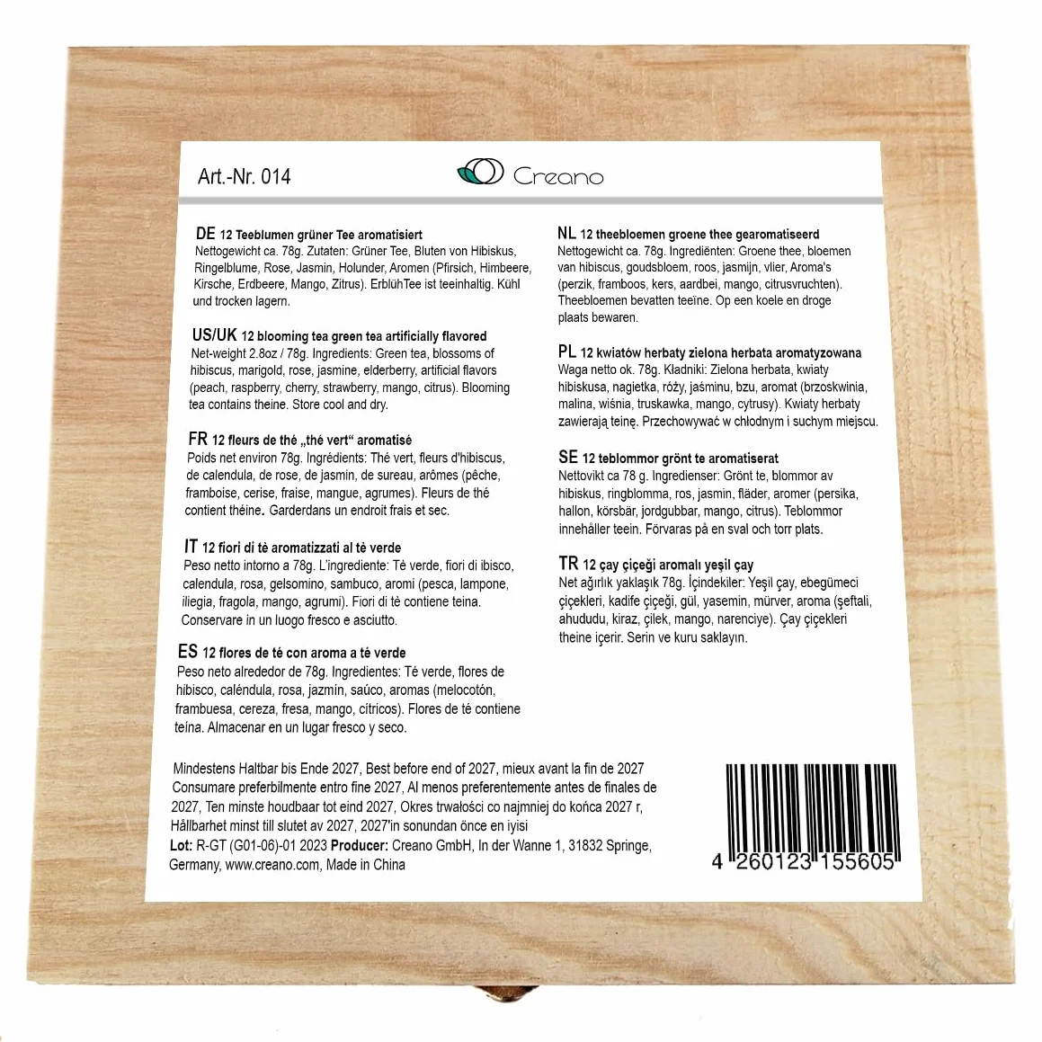 Creano Flores de Té Verde 12 uds – Cofre de Madera Premium – 6 Variedades de Té Verde Frutal – Regalo Elegante para Amantes del Té