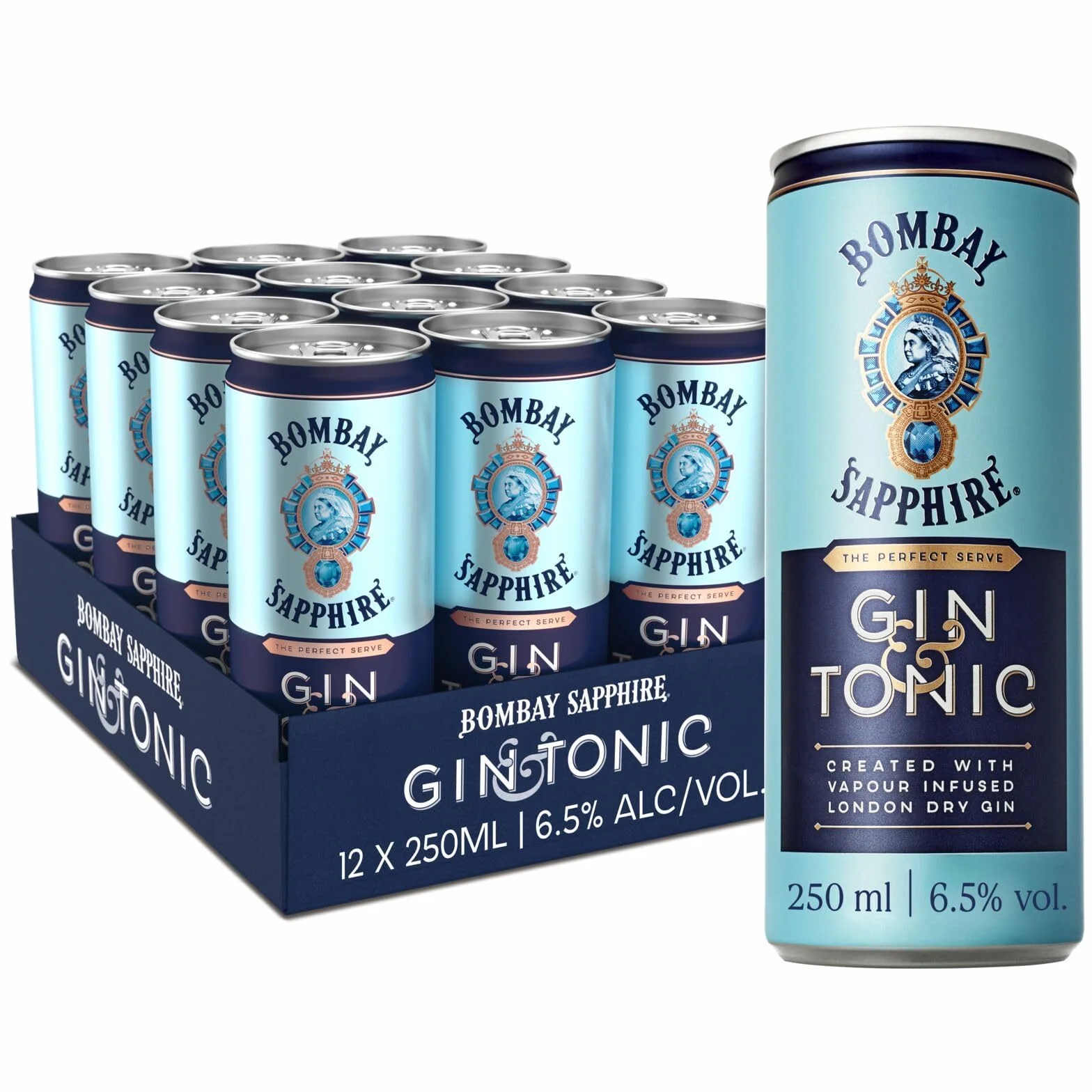Latas de cóctel Bombay Sapphire Gin & Tonic listo para tomar, 6,5% Vol., 25 cl / 250 ml (pack de 12), bebidas alcohólicas con London Dry Gin 100% infusionada al vapor