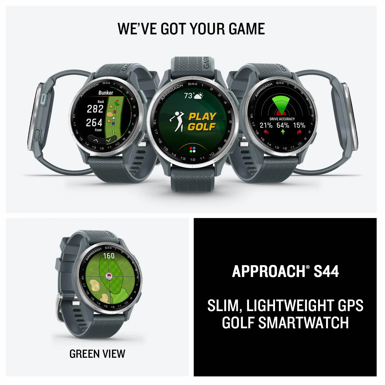 Garmin Approach S44 Essential Golf GPS Smartwatch con Pantalla AMOLED, Bisel de Aluminio Plateado