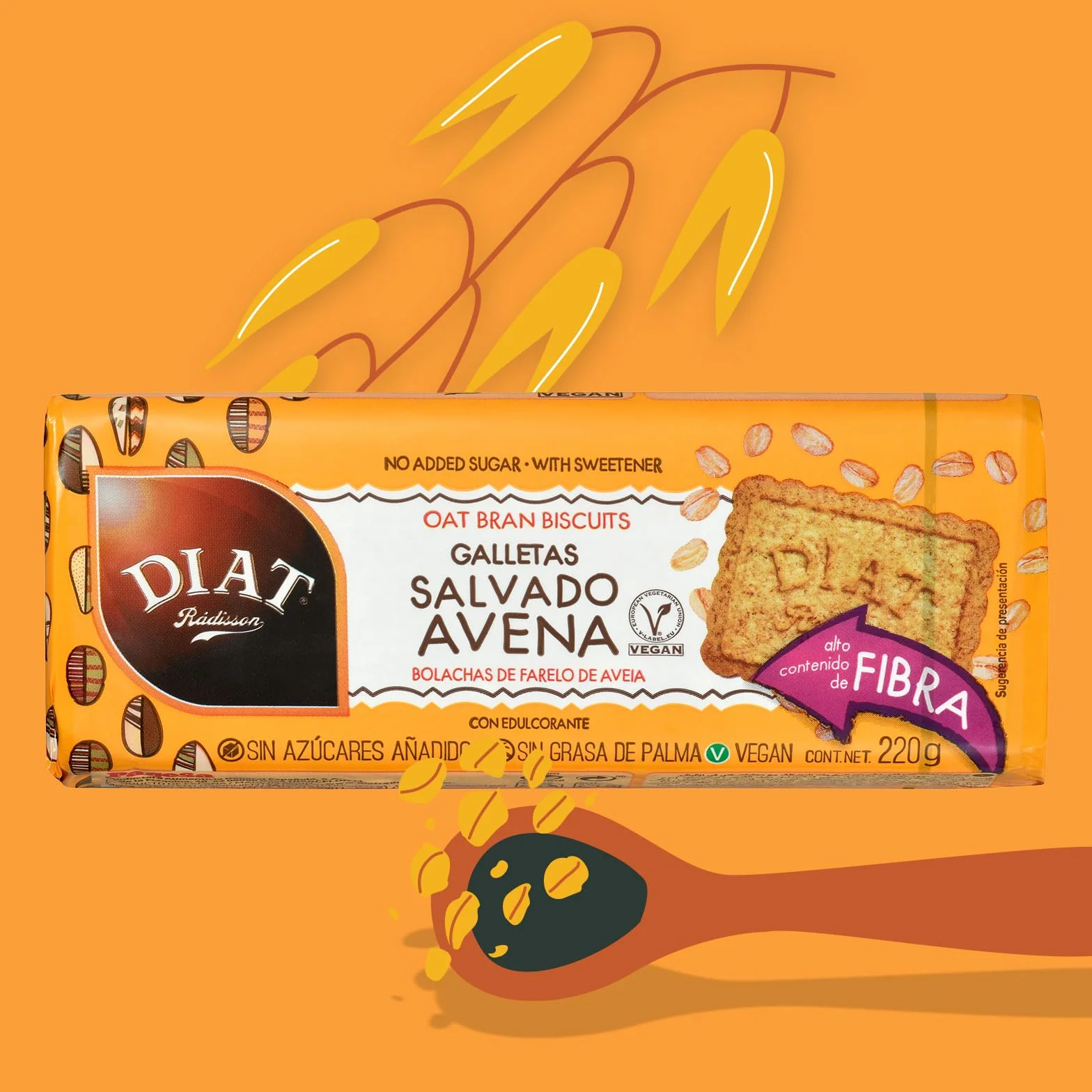 DIAT Radisson - Galletas de Salvado de Avena | Vegan y sin Azúcar Añadido | Ricas en Fibra | Enriquecidas con Ácido Fólico | Galletas Veganas de Avena