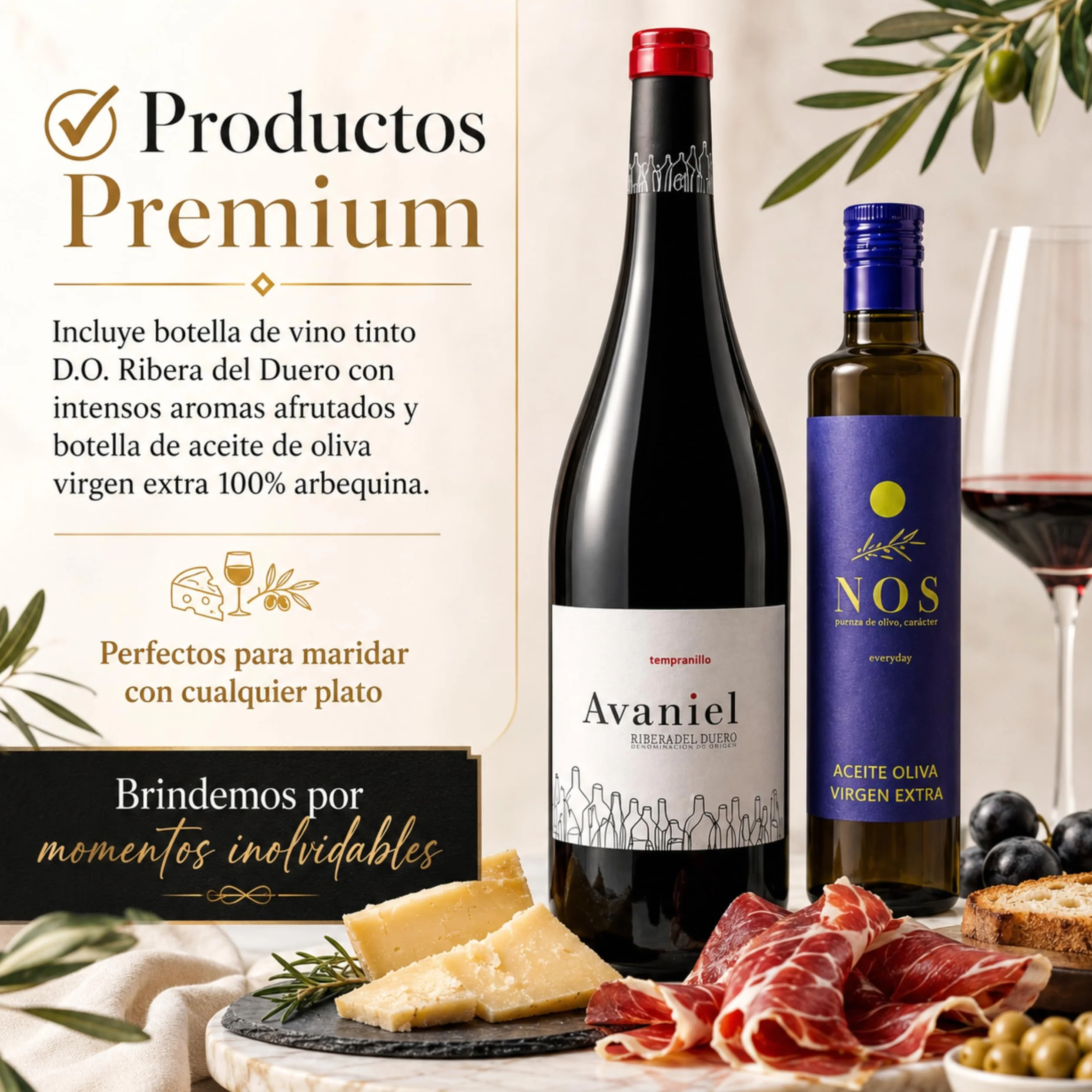Cesta Gourmet Regalo Vino DO Ribera Aceite Oliva Virgen Extra Embutidos Ibericos Bellota Paleta Ibérica Queso Curado