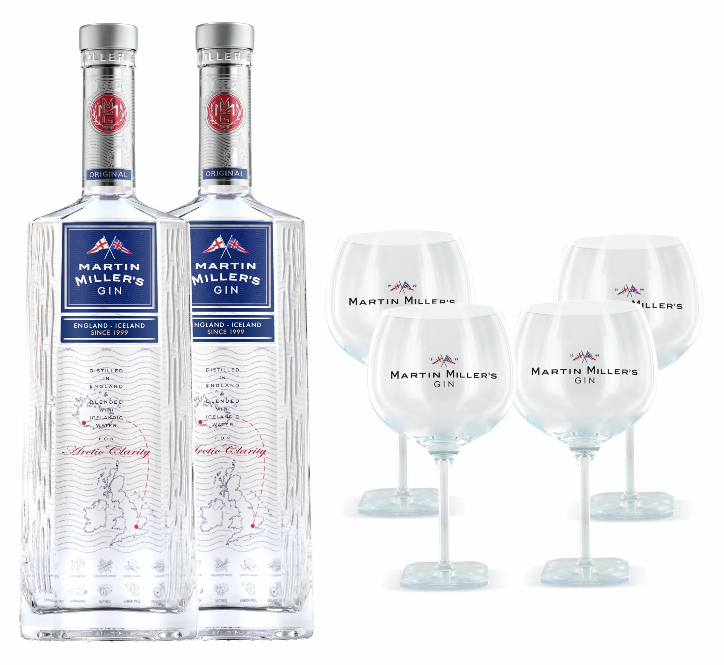 Martin Miller's Ginebra - Pack para Regalo: 2 Botellas de 70 cl + 4 Copas Exclusivas | Para Gin Tonic y Cócteles Sofisticados