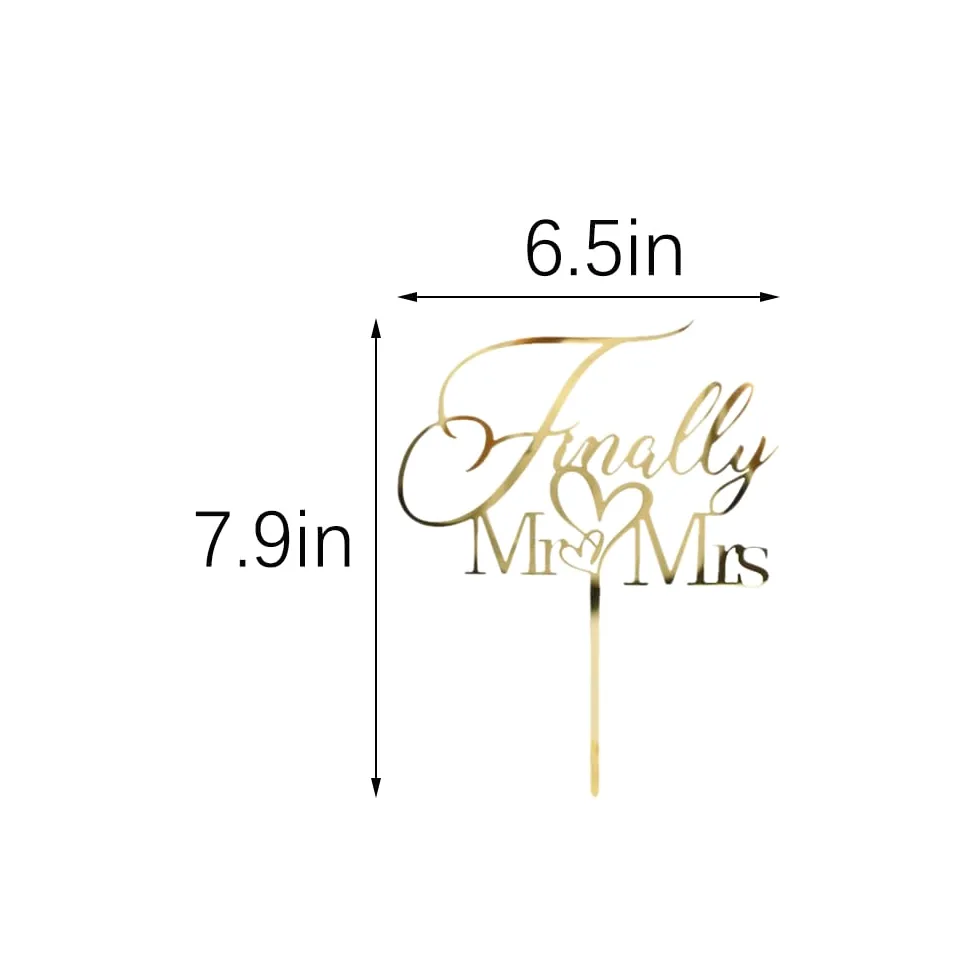 Finally Mr&Mrs - Decoración para tartas de boda, elegante decoración para tartas de aniversario de boda, romántica fiesta de boda (acrílico dorado)