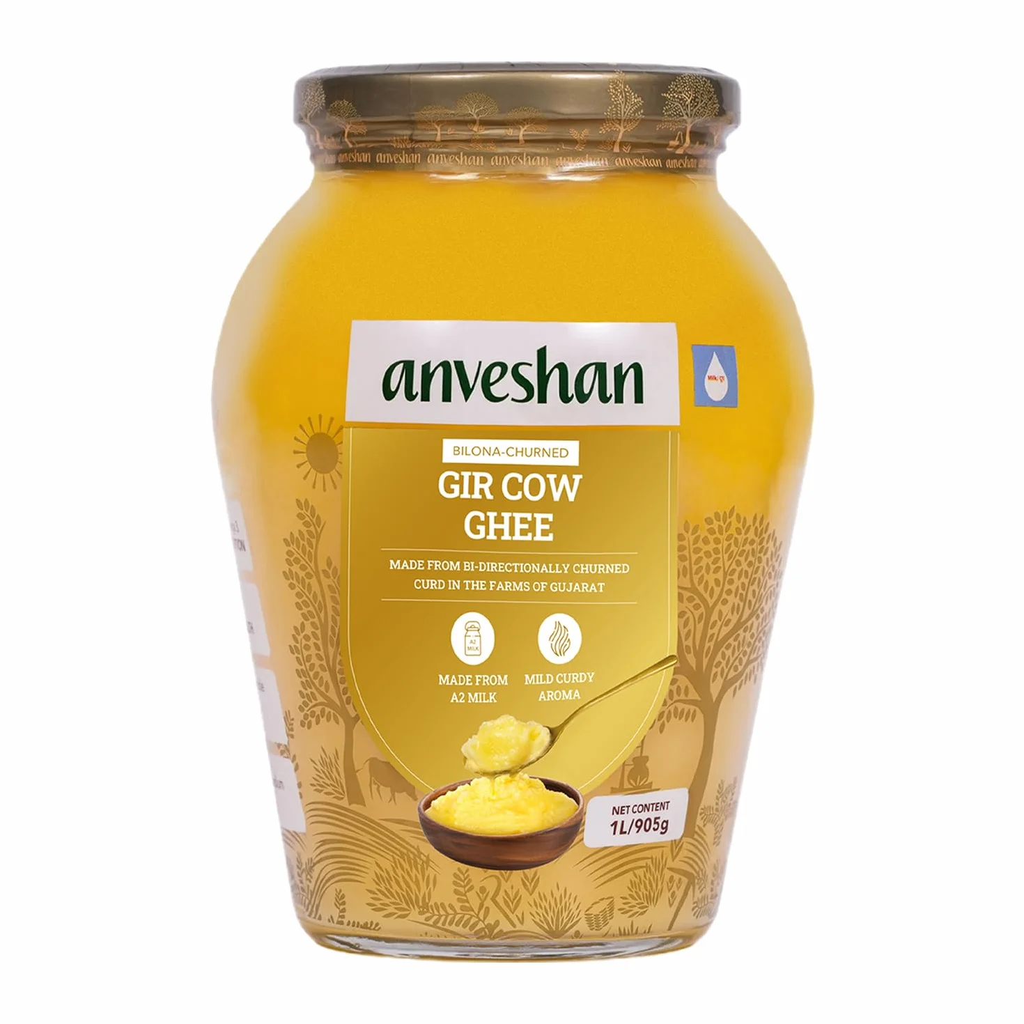 Anveshan Método Ghee Bilona de vaca Gir A2, 1 litro, método tradicional Bilona, cultivado, potenciador de inmunidad, puro, natural, saludable, fresco, sin lactosa y sin gluten