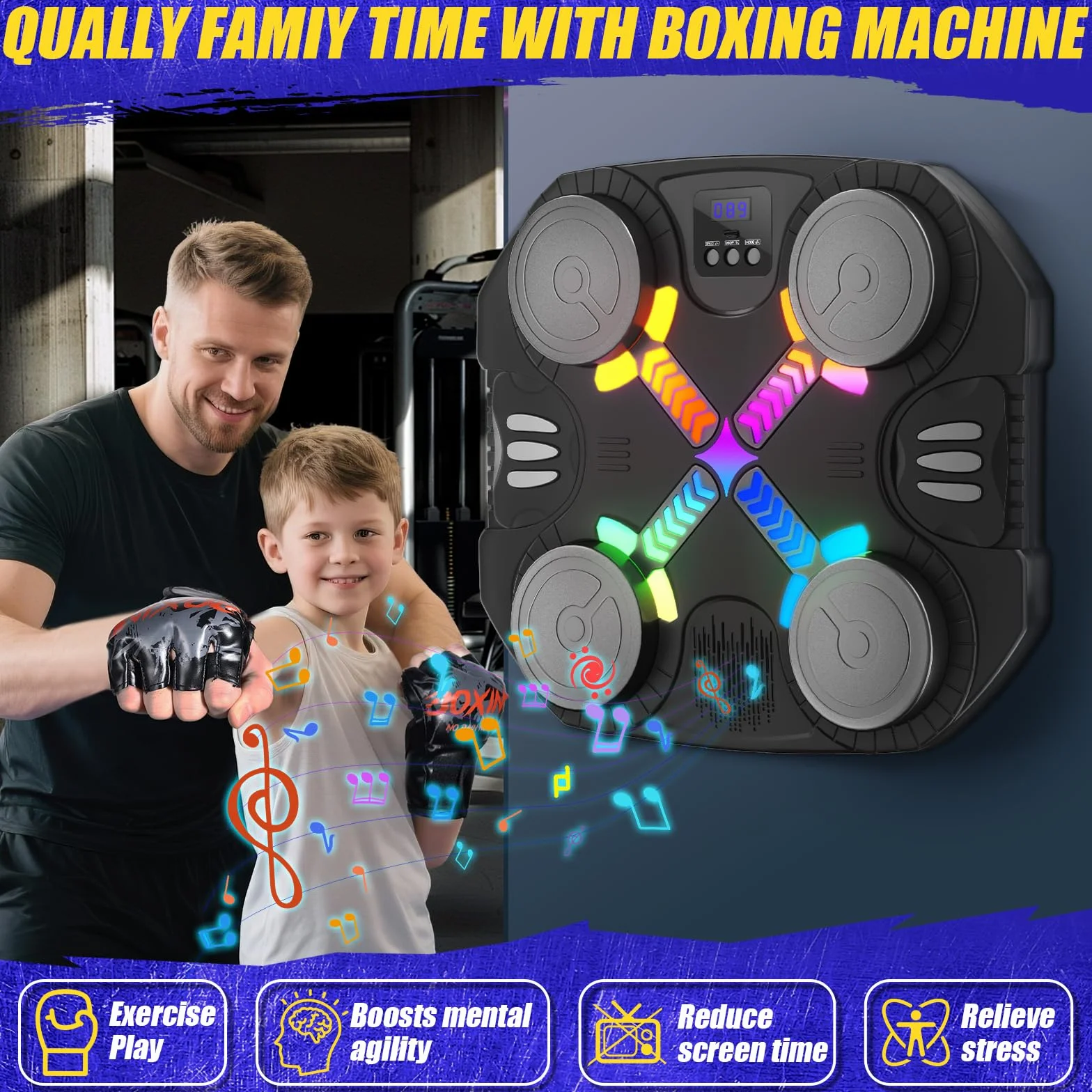 Máquina de Boxeo Musical para Niños, Bluetooth Montada en Pared con Guantes, Luces y Retroalimentación Sonora, 3-12 Años (Negro)