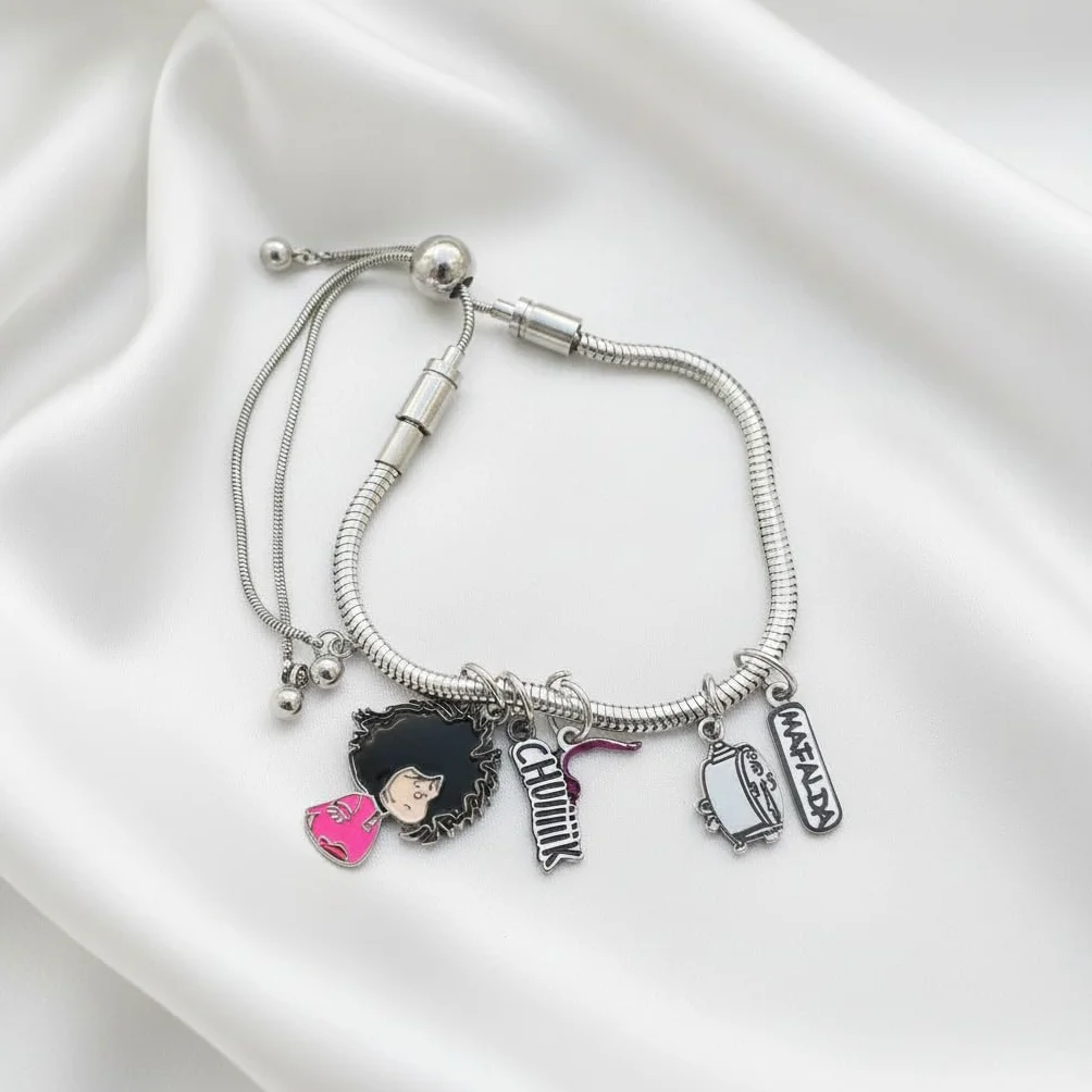 Pulsera con Charms Mafalda Despeinada Licencia Oficial Quino Rosa Acero Inoxidable