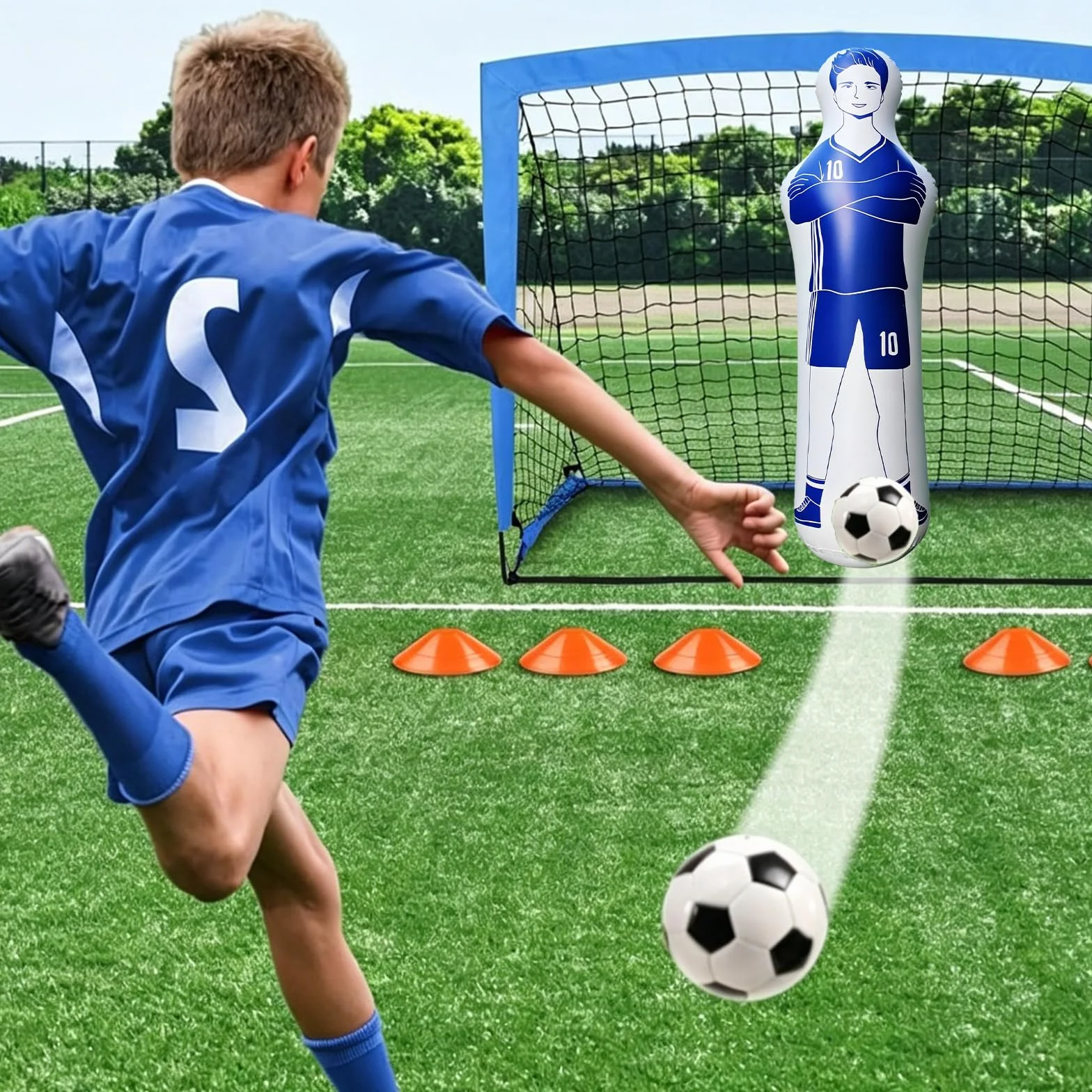 Portero Keeper Tumbler hinchable de fútbol 40 x 160 cm 0,35 mm PVC azul Dummies de tiro libre accesorios de entrenamiento