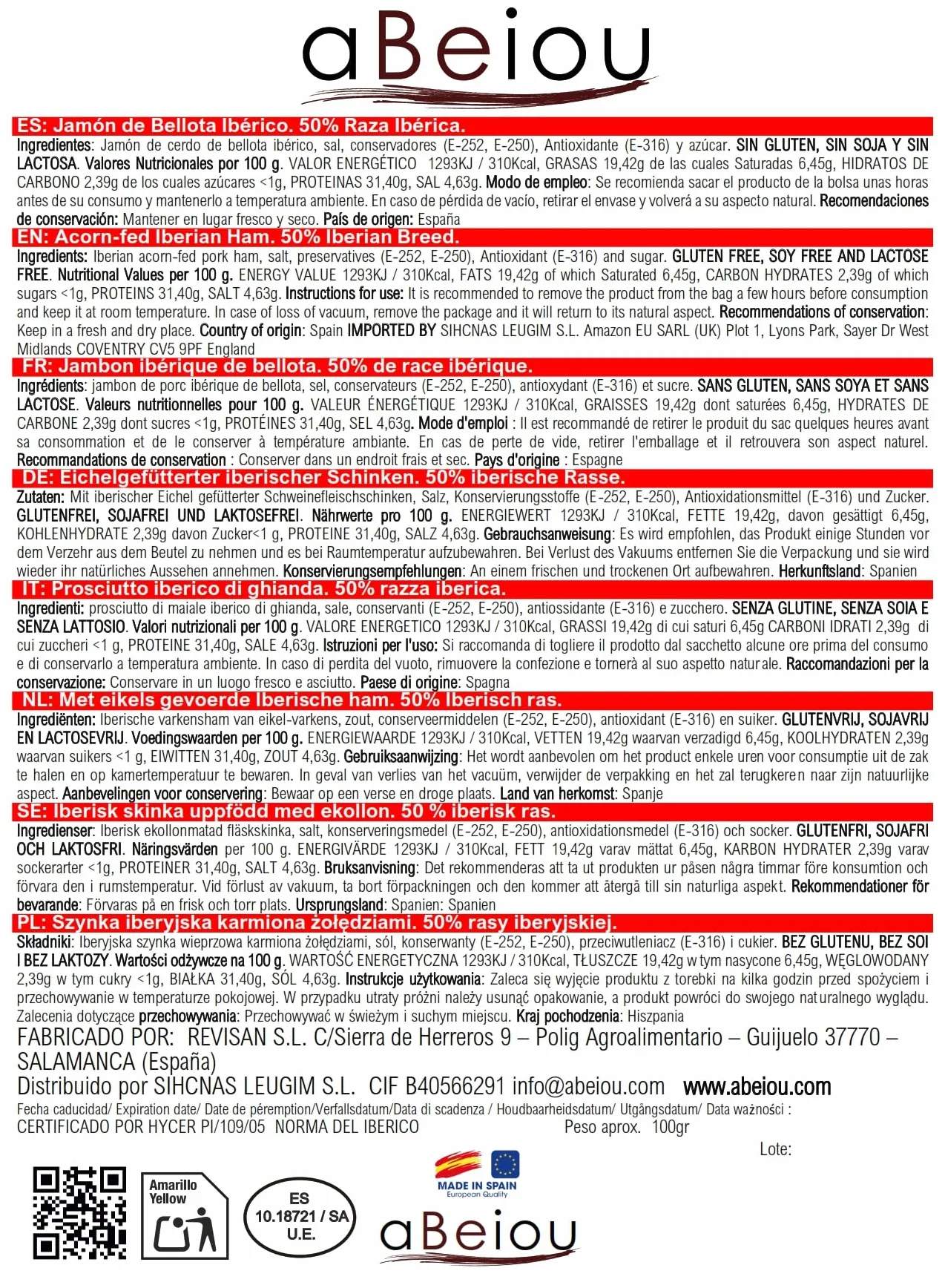 Lote Surtido Loncheados Ibéricos Gourmet 600 g (6 sobres) — Jamón Ibérico Bellota + Más — Certificado Hycer Guijuelo — aBeiou