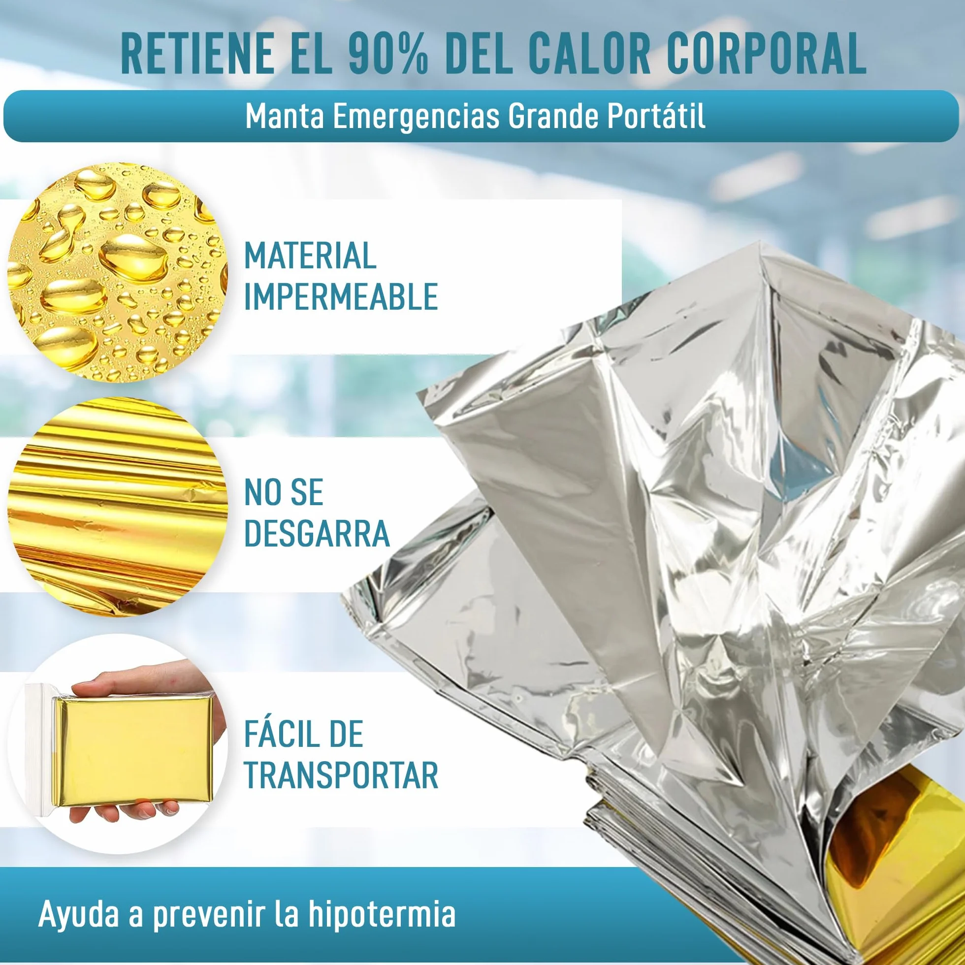 Manta Térmica Supervivencia Reutilizable 210x160cm X5 UNIDADES Protección Frío Calor Lluvia Viento