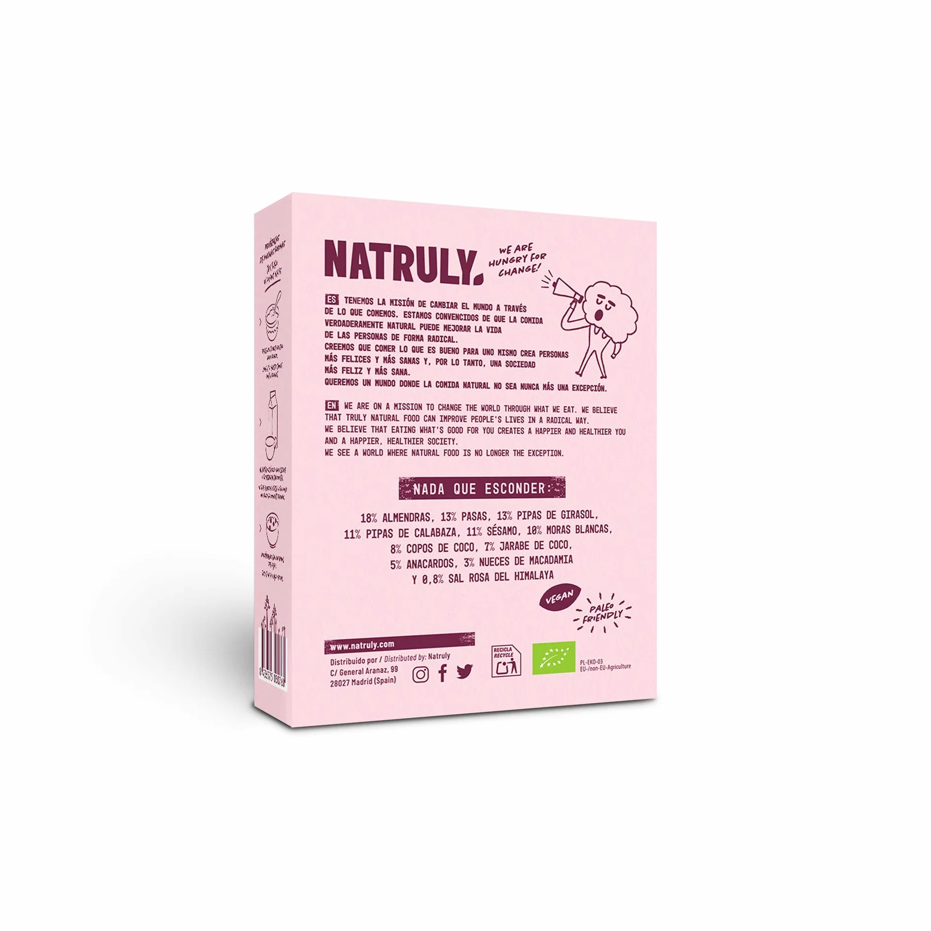NATRULY Granola BIO de Frutos Secos y Semillas Sin Cereales, Sin Gluten y Sin Azúcar Refinado, Vegana, Sabor Moras y Pasas -Pack3x325g