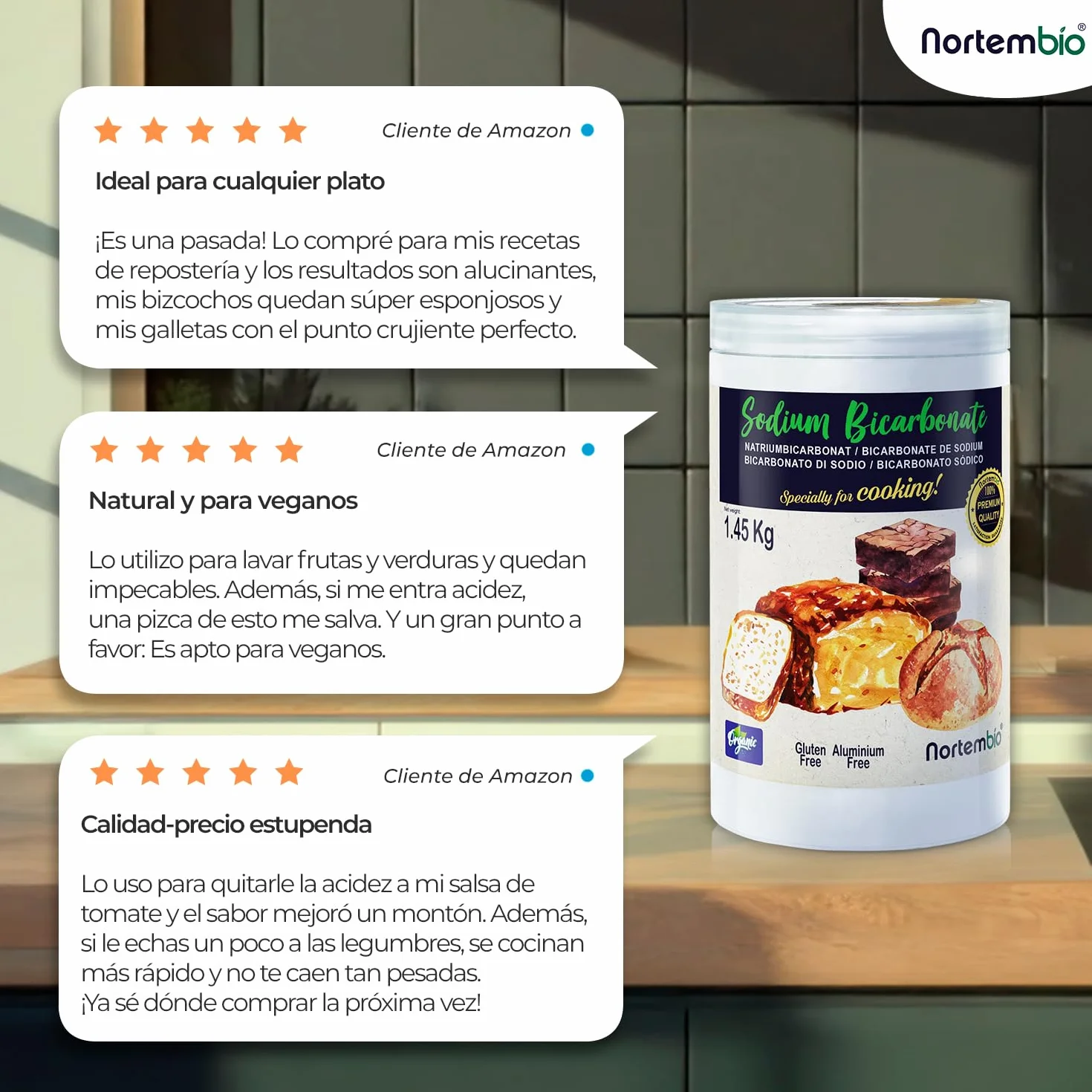 Nortembio Bicarbonato de Sodio E500(ii) 3 kg – Aditivo de Cocina y Repostería, Calidad Gourmet, Alta Pureza 100% Natural + eBook de Recetas