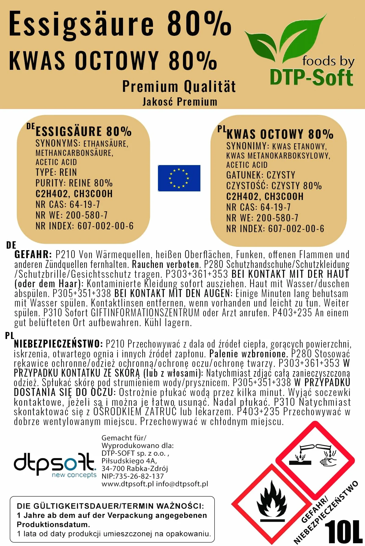 10 l de ácido acético 80% - esencia de vinagre de calidad superior 10 litros | ácido acético 10l 80%