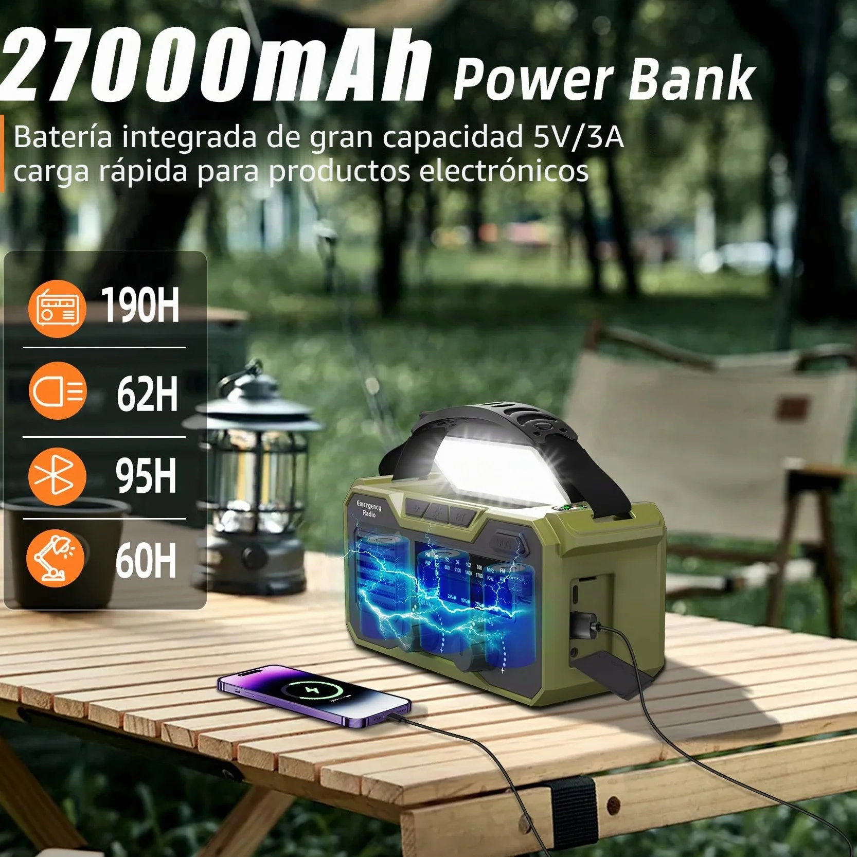 Radio Solar de Emergencia 27000 mAh FM/AM con Alarma SOS y Lámpara, Carga Móvil y Bluetooth (Verde)
