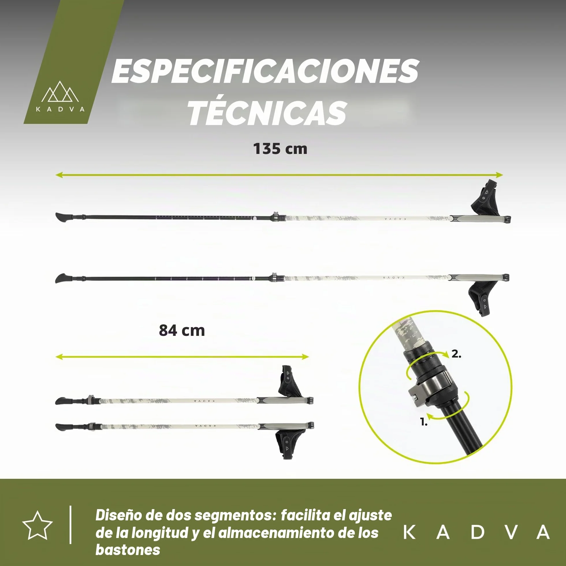 KADVA Bastones de Marcha nórdica HALNA Verde Ajustable 84-135 cm Bloqueo rápido Mango Polipropileno TPR