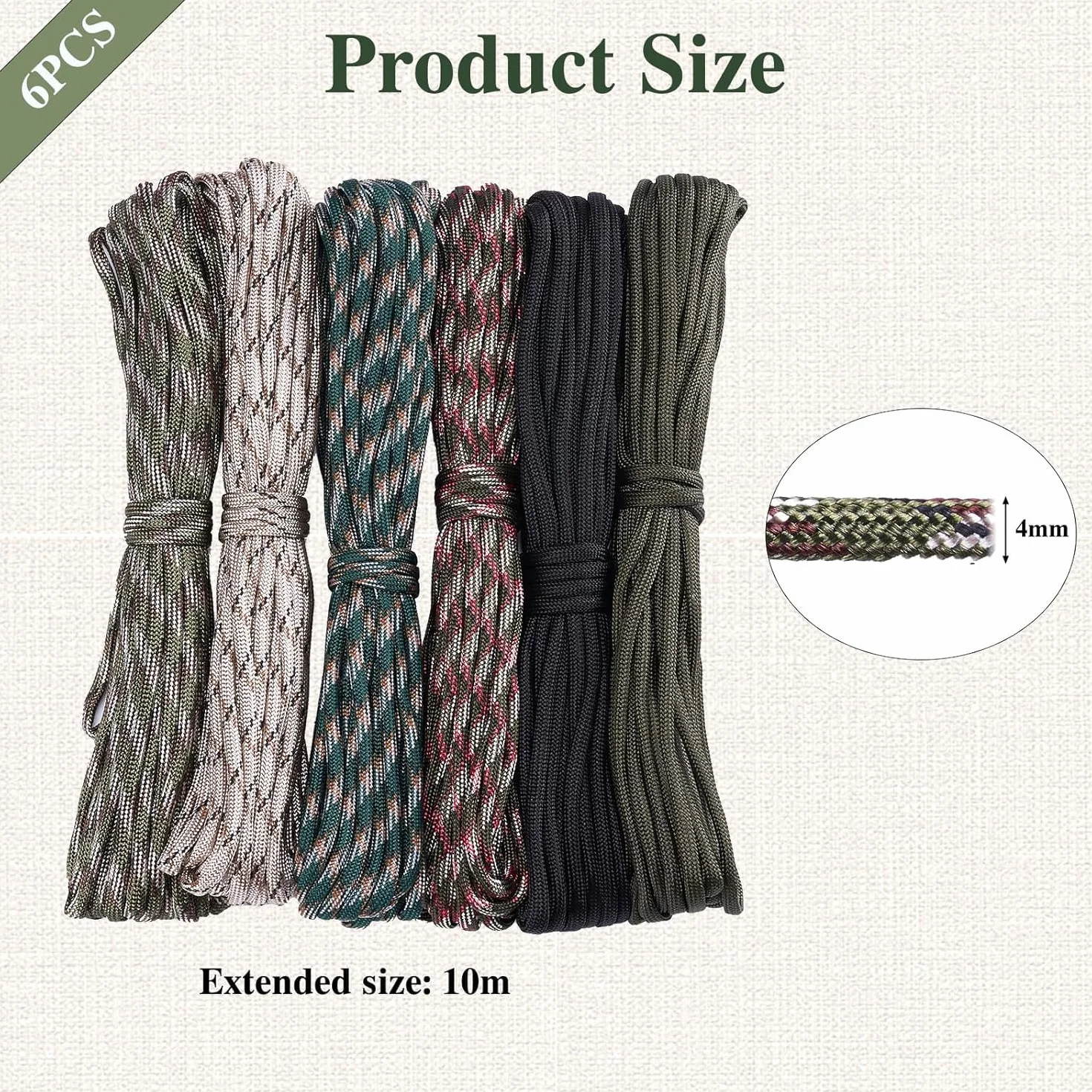 Paracord 4mm 10m Cuerda de Nylon 7 Hilos 250kg 550lbs para Camping Escalada Pulseras