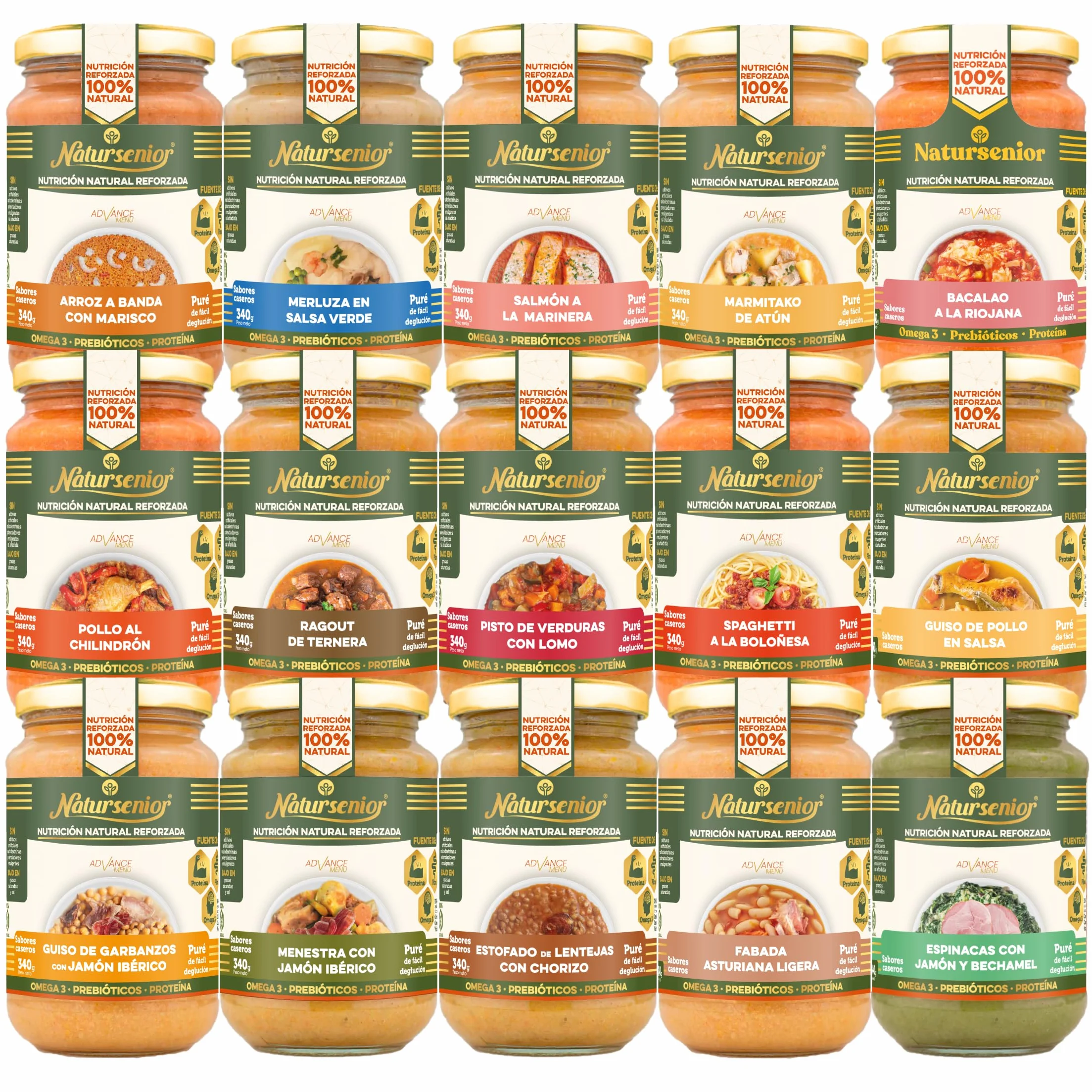 Natursenior - Pack PRIMERA COMPRA Purés x15 Uds - Puré para adultos y Personas con dificultad para tragar - Sabores Caseros - Alta Nutrición - 100% Natural,Omega 3, Fibra, Proteína - 15x 340g
