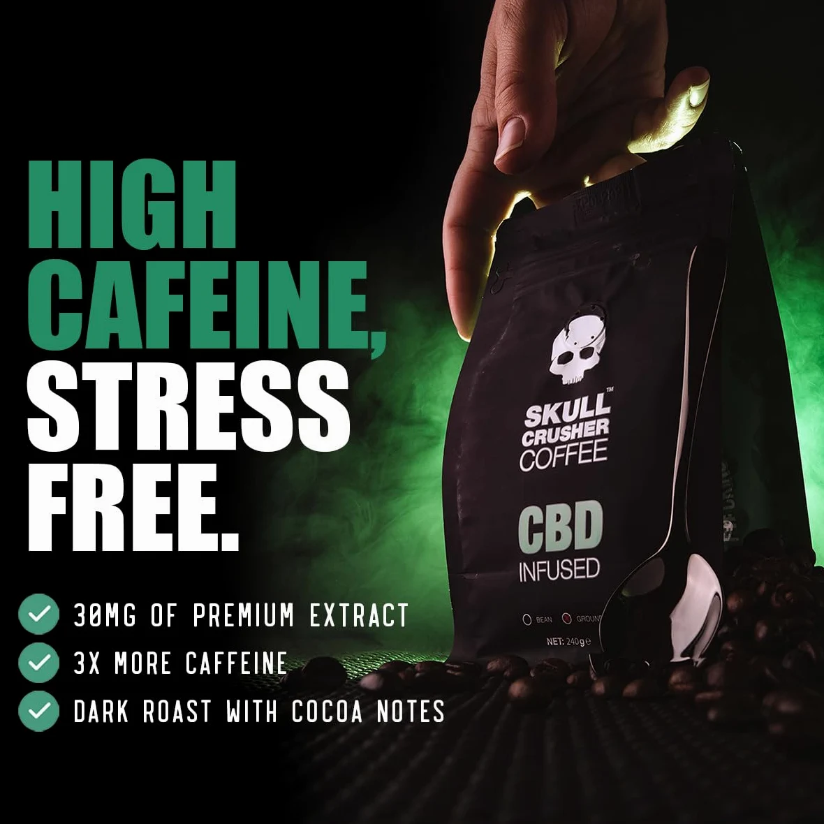 Skull Crusher Infused Ground Coffee con alta cafeína. Café molido tostado oscuro, 100% natural y certificado Rainforest Alliance. Advertencia: el café más fuerte del mundo. 500g.
