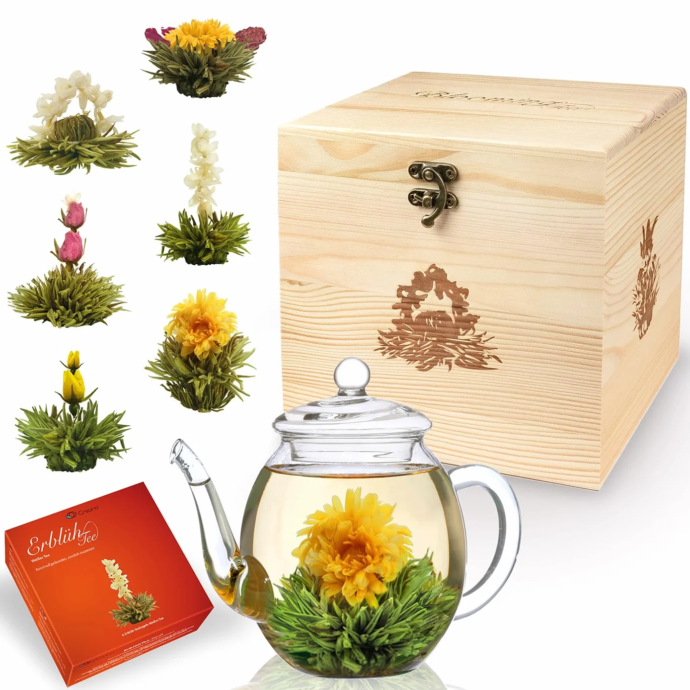 Creano Flores de Té Blanco 6 uds – Cofre de Madera con Tetera de Vidrio 500ml Antigoteo – Set de Lujo para Regalo – Té en Flor Hecho a Mano