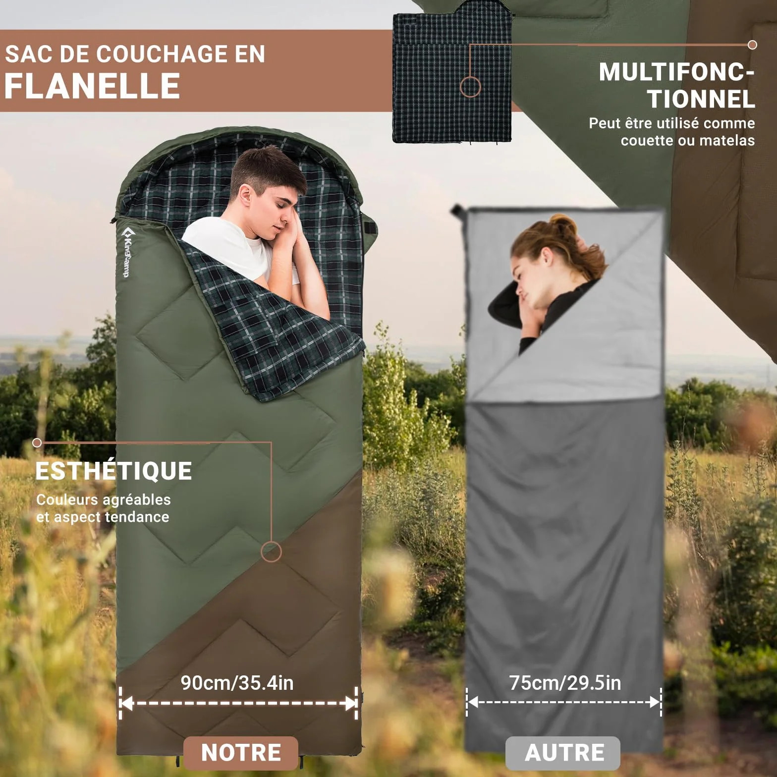 KingCamp Saco de Dormir Adulto XXL de Franela de Algodón, 230 x 90 cm, Cálido, para 3 o 4 Sstaciones, para Acampar y Viajes, con Capucha y Saco de Compresión.